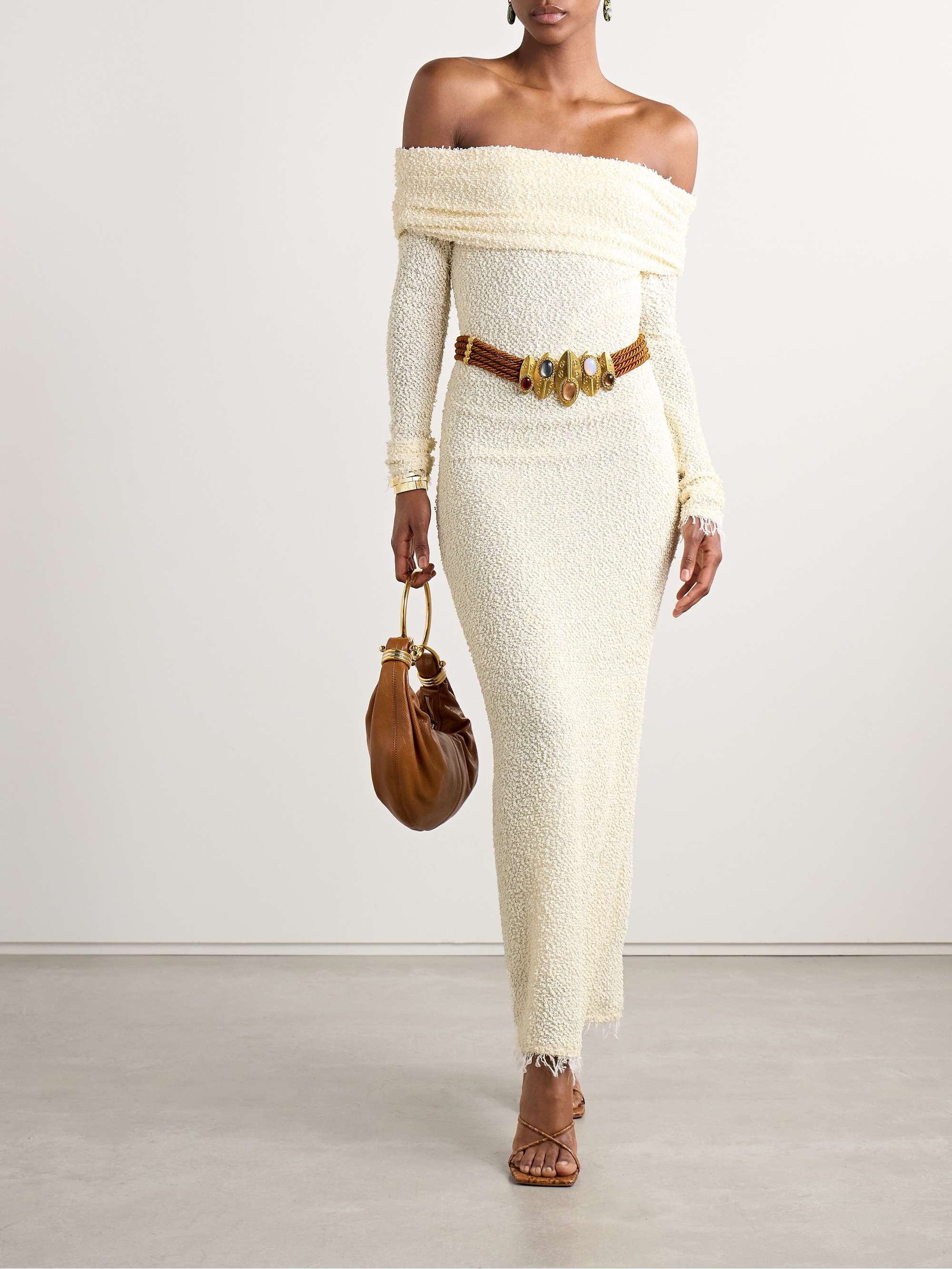 Ormany frayed off-the-shoulder bouclé maxi dress view