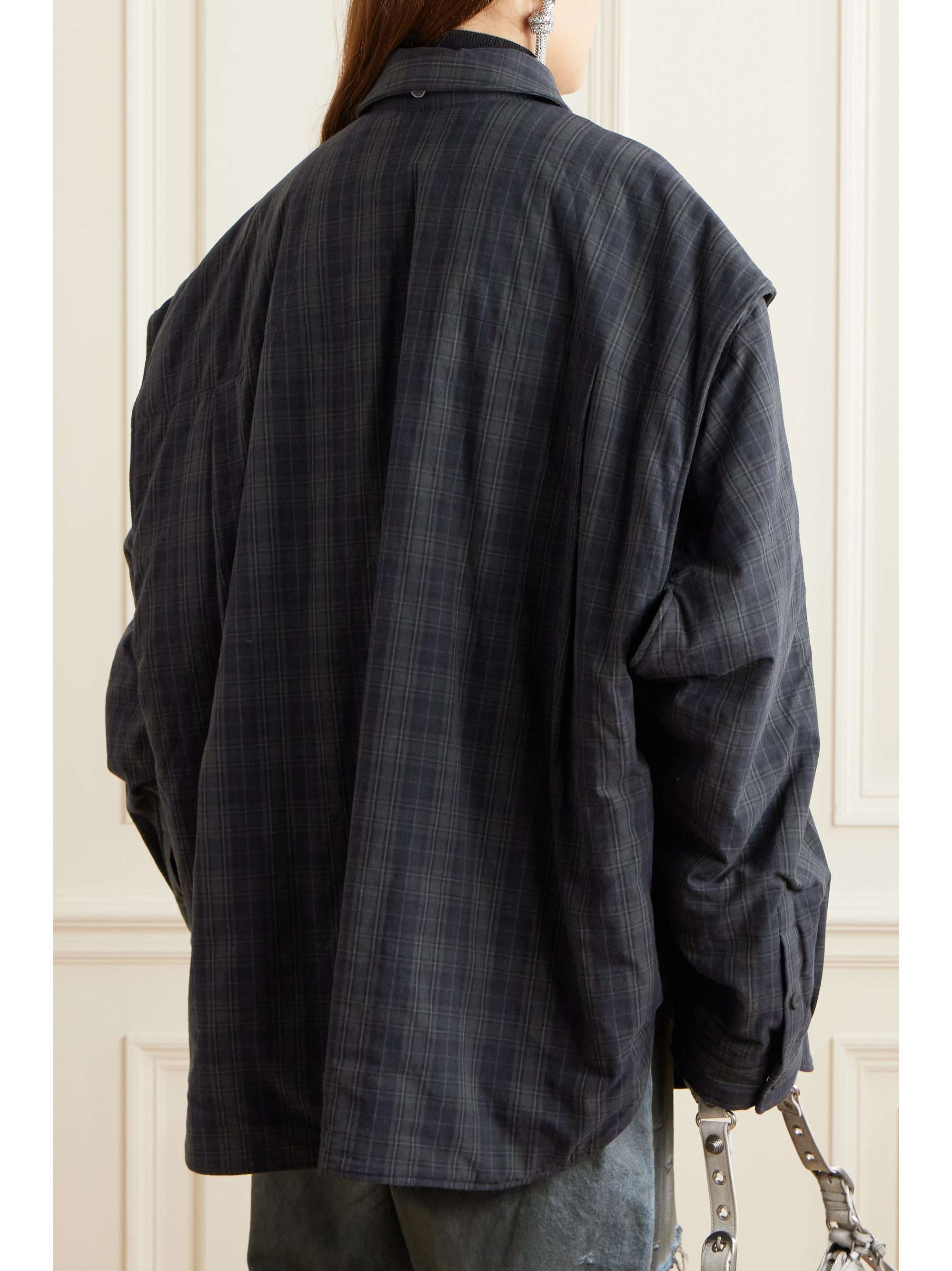 Convertible oversized padded checked cotton-flannel shirt view