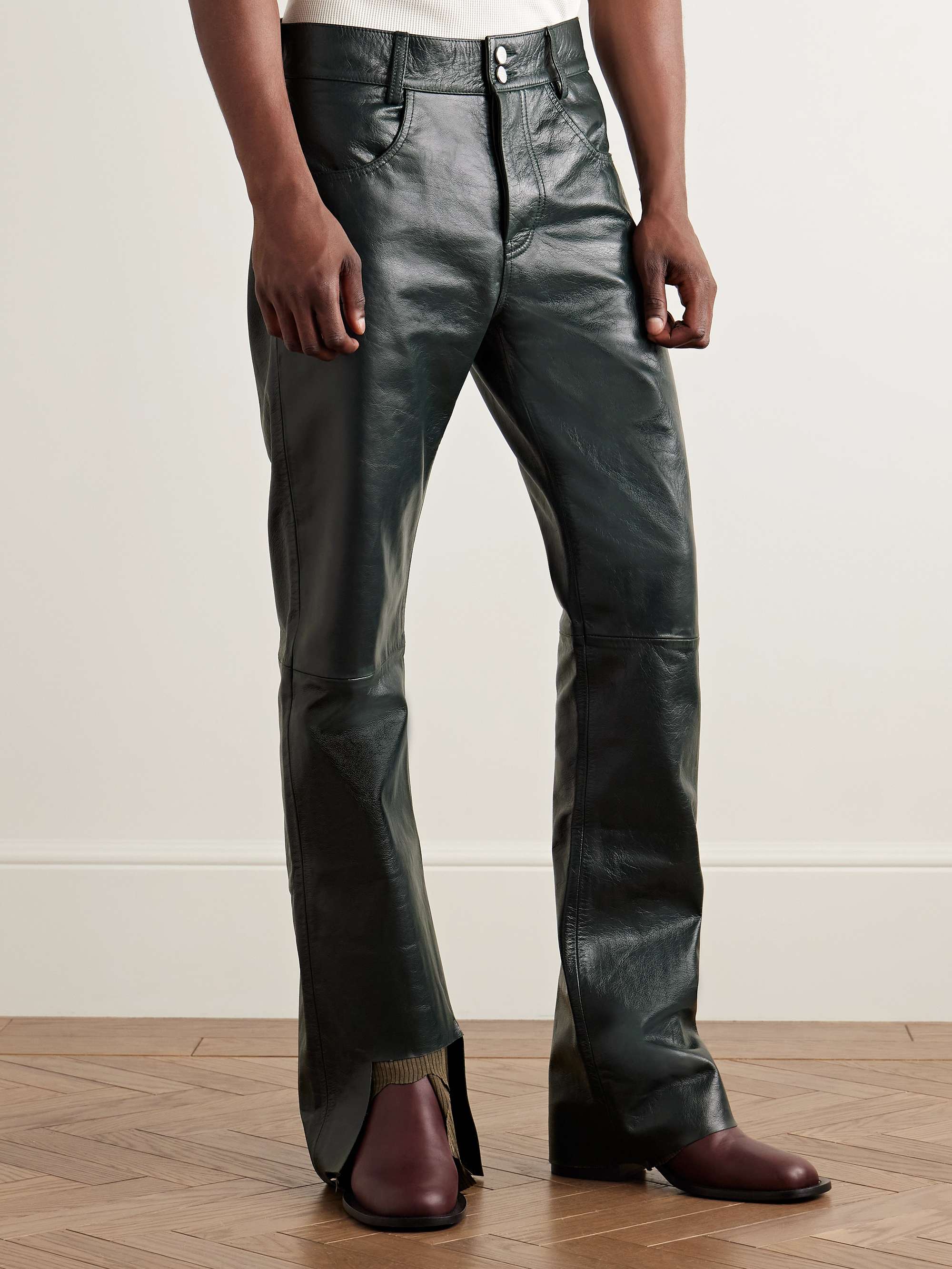 Long Night Slim-Fit Bootcut Distressed Textured-Leather and Ribbed-Knit Trousers view
