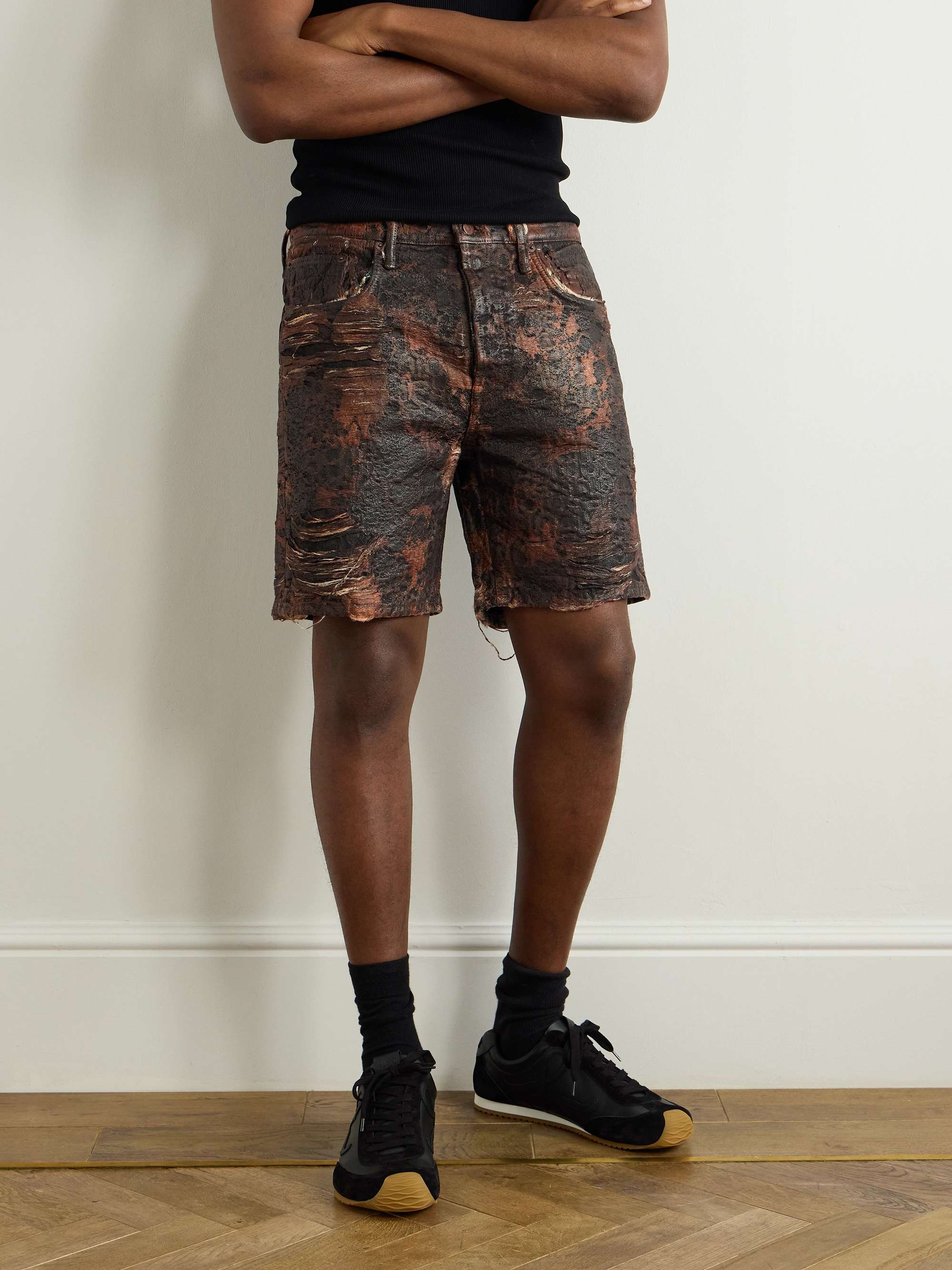 Roman Slim-Fit Straight-Leg Distressed Coated-Denim Shorts view