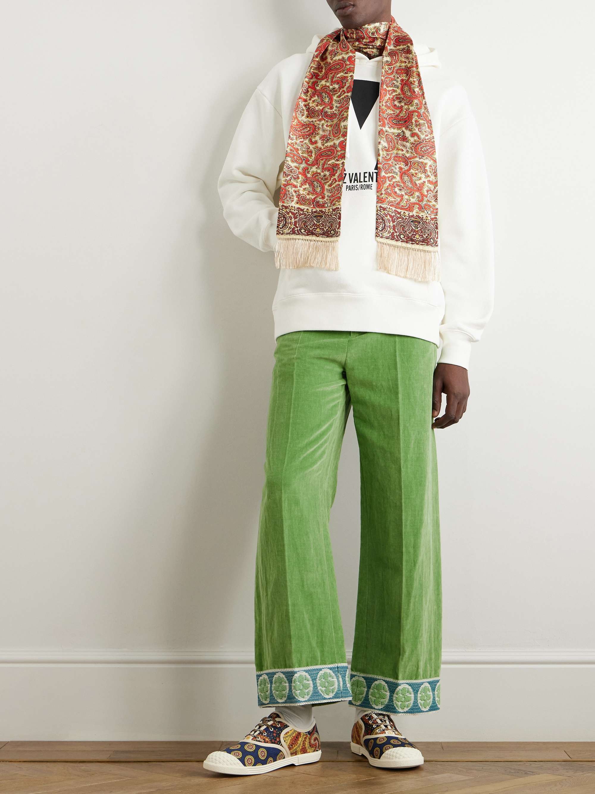 Flared Jacquard-Trimmed Cotton and Linen-Blend Velvet Trousers view