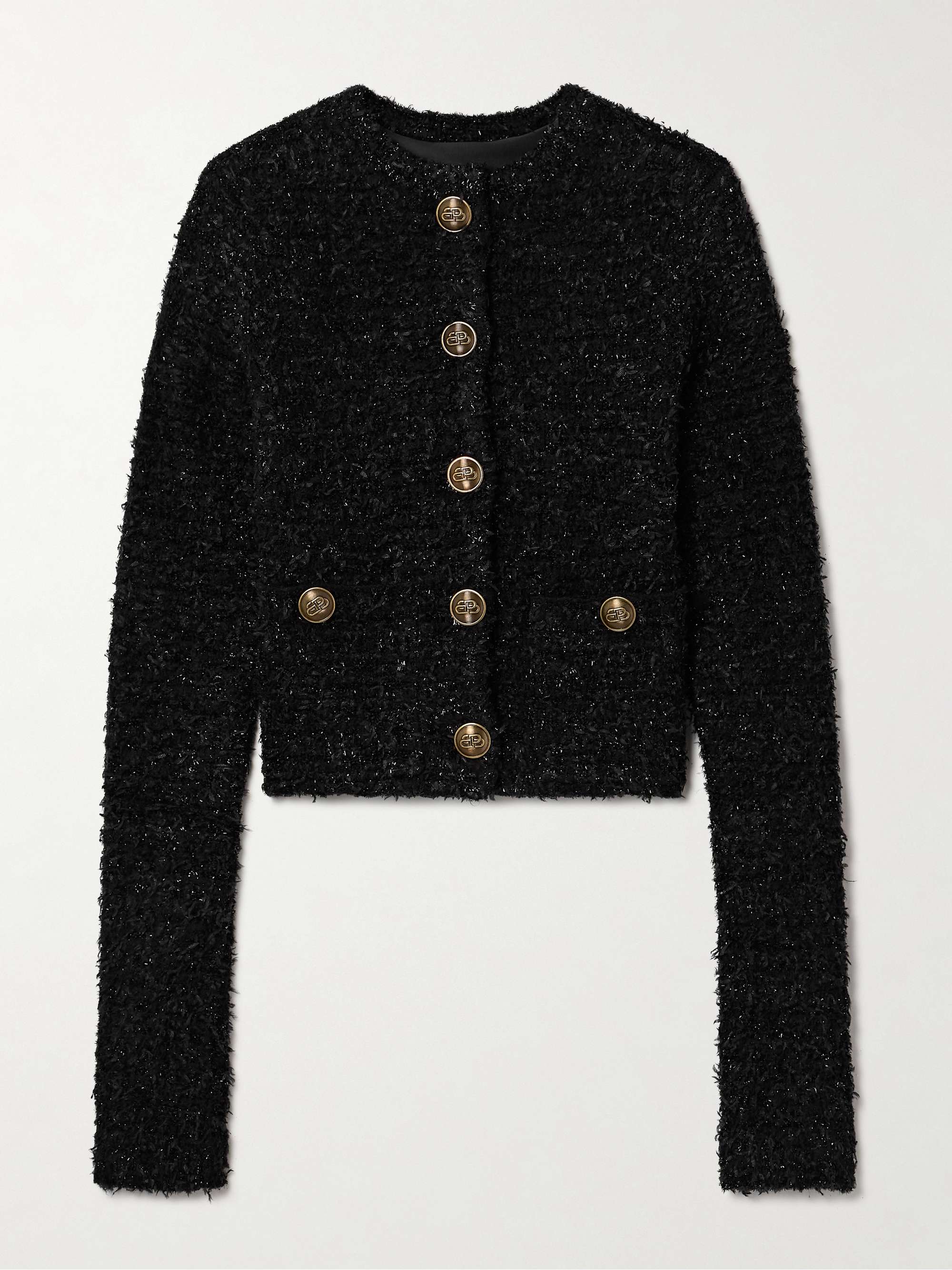 Cropped metallic cotton-blend tweed cardigan hero visual