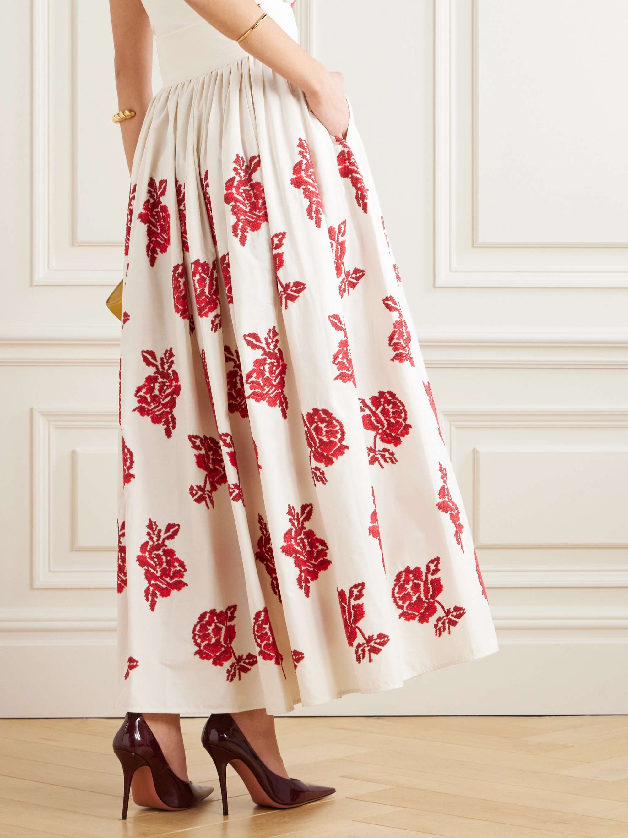 Vanessa pleated embroidered cotton-poplin maxi skirt view