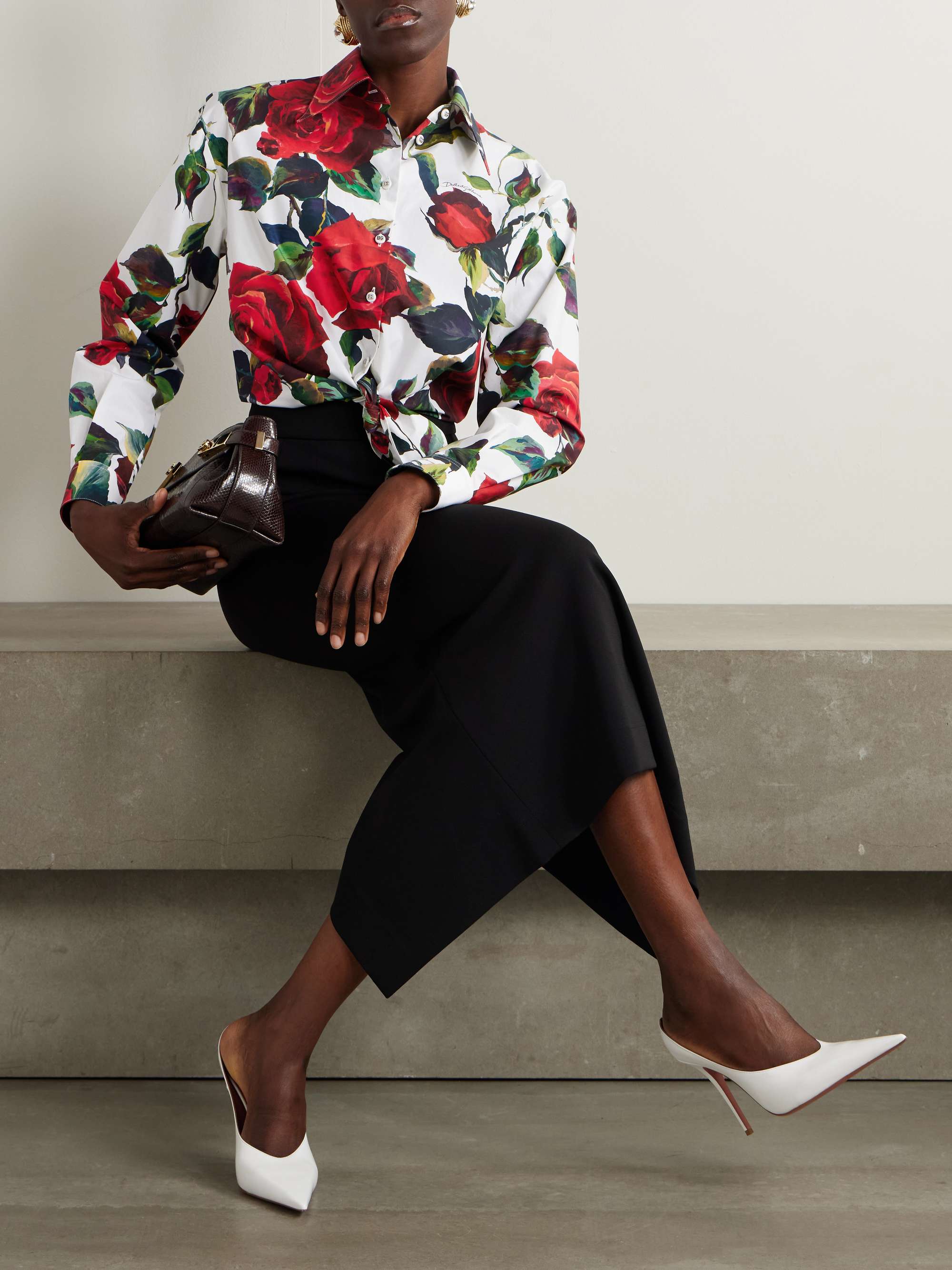 Cropped tie-detailed floral-print cotton-poplin shirt view