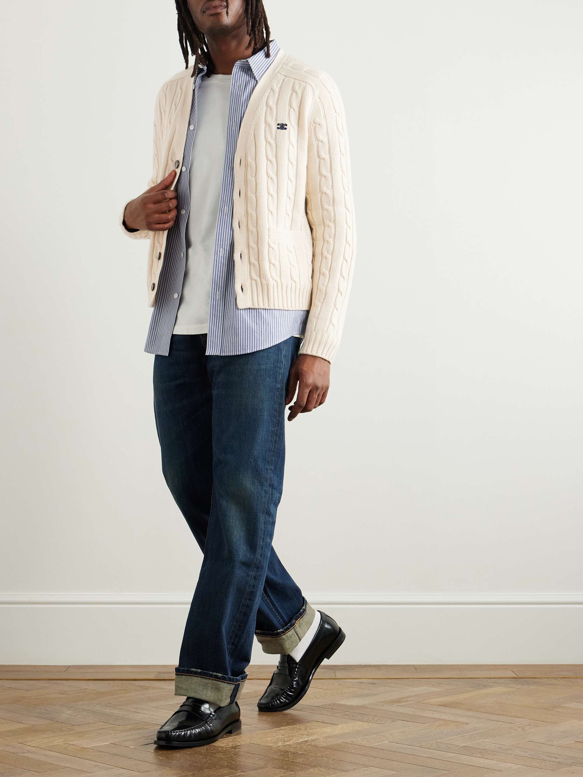 Slim-Fit Logo-Embroidered Cable-Knit Suede-Trimmed Cashmere Cardigan view