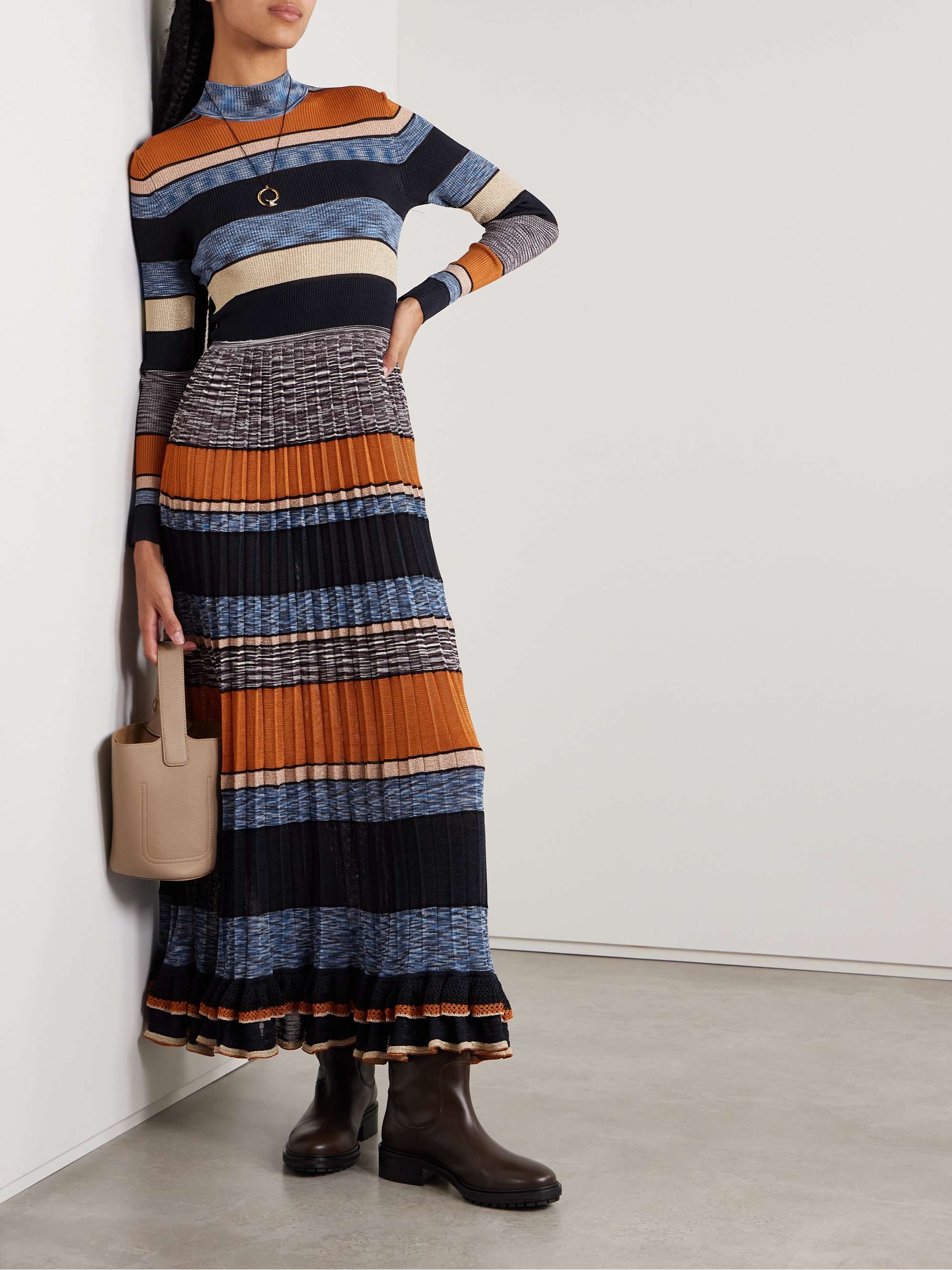 Evangeline striped pleated metallic-knit turtleneck maxi dress view