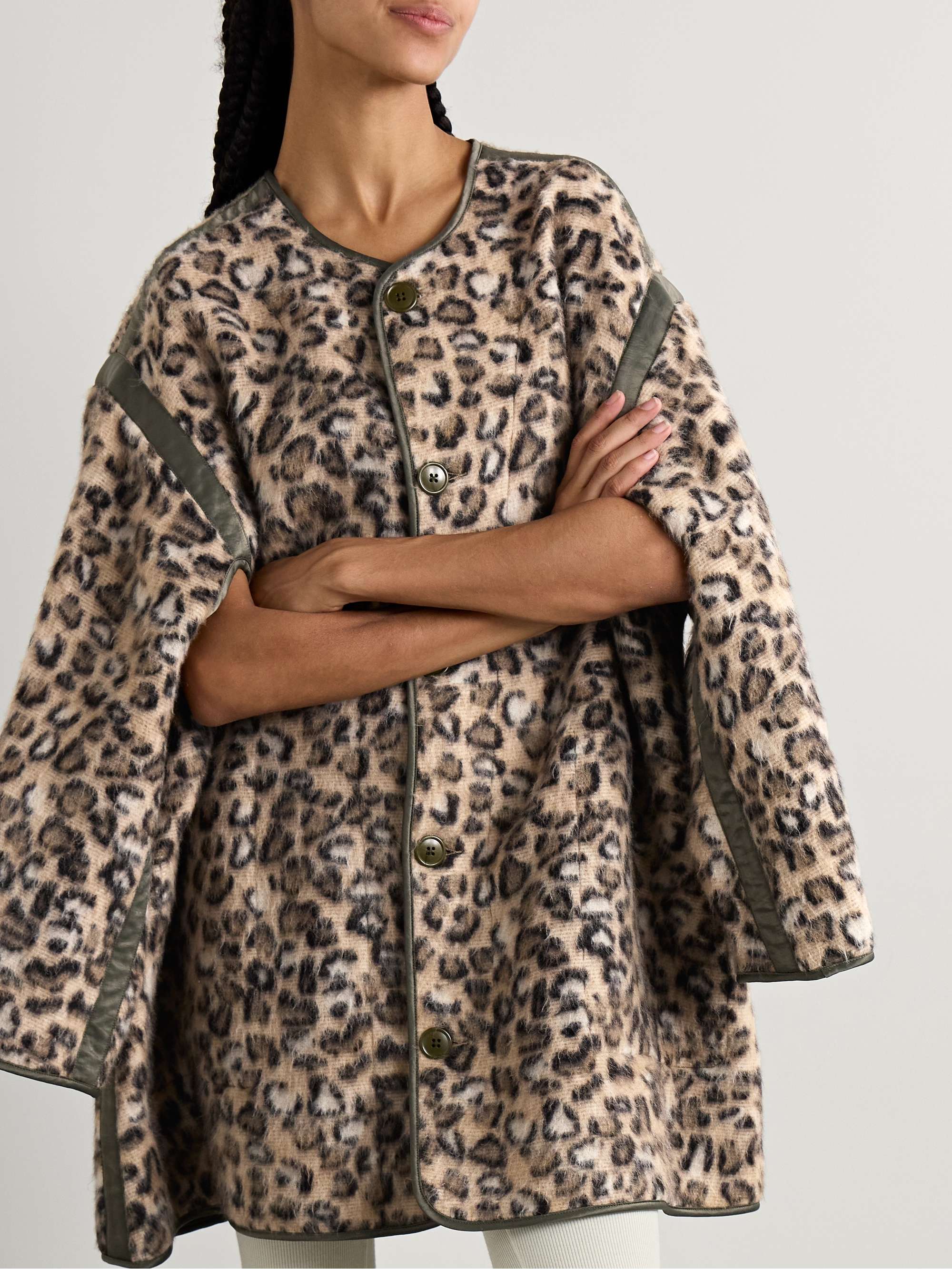 Convertible faux leather-trimmed leopard-print brushed wool-blend coat view