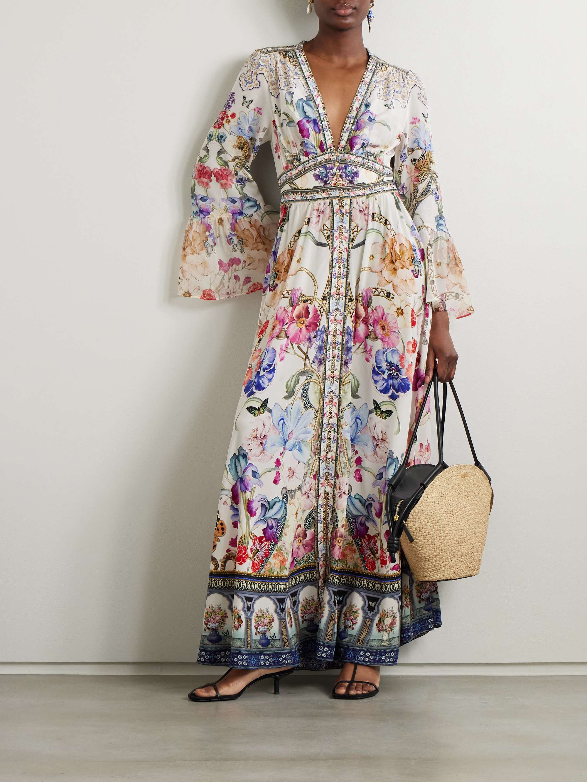 Crystal-embellished ruffled floral-print silk maxi dress view