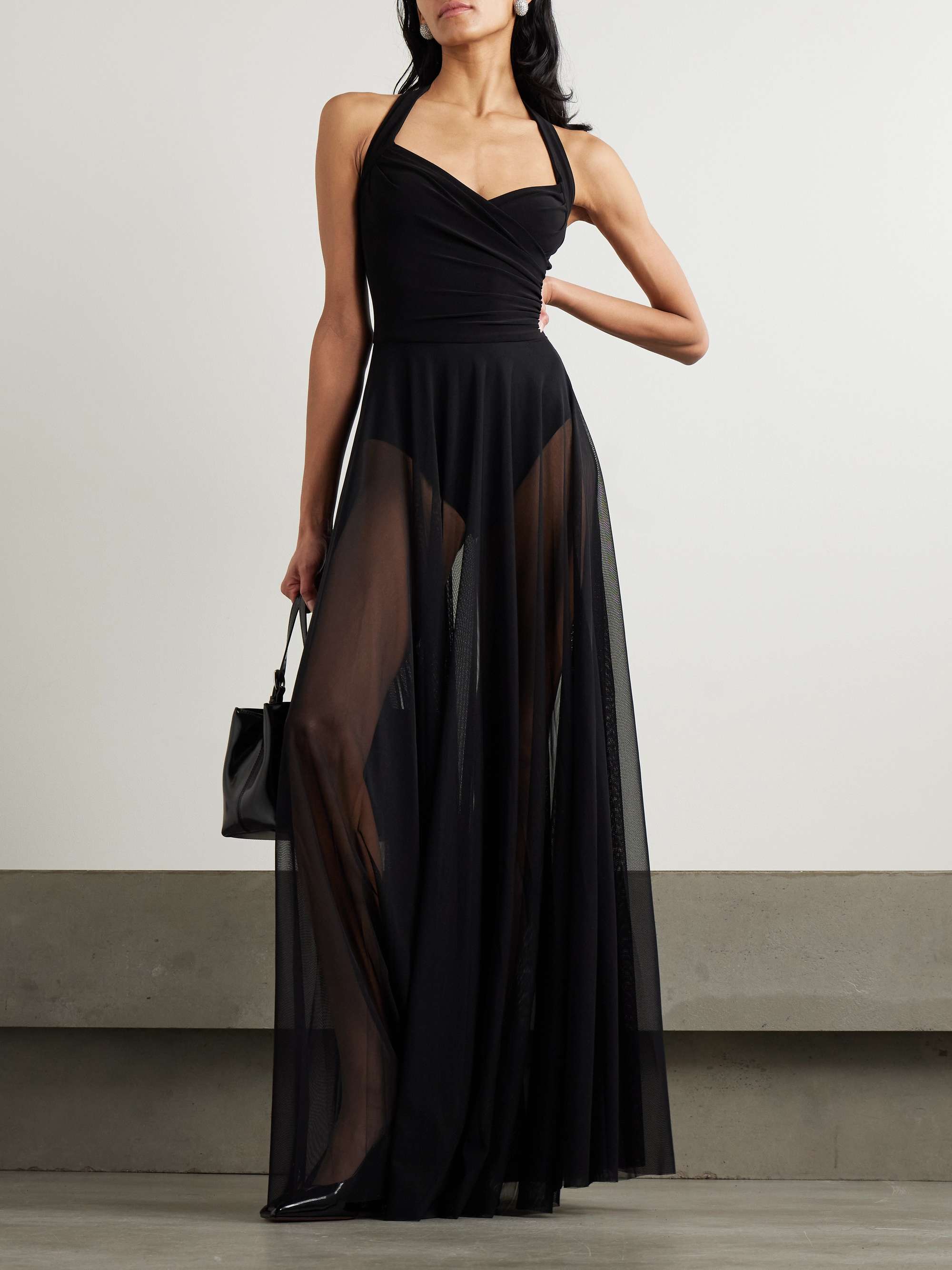 Cayla pleated stretch-jersey and mesh halterneck maxi dress view