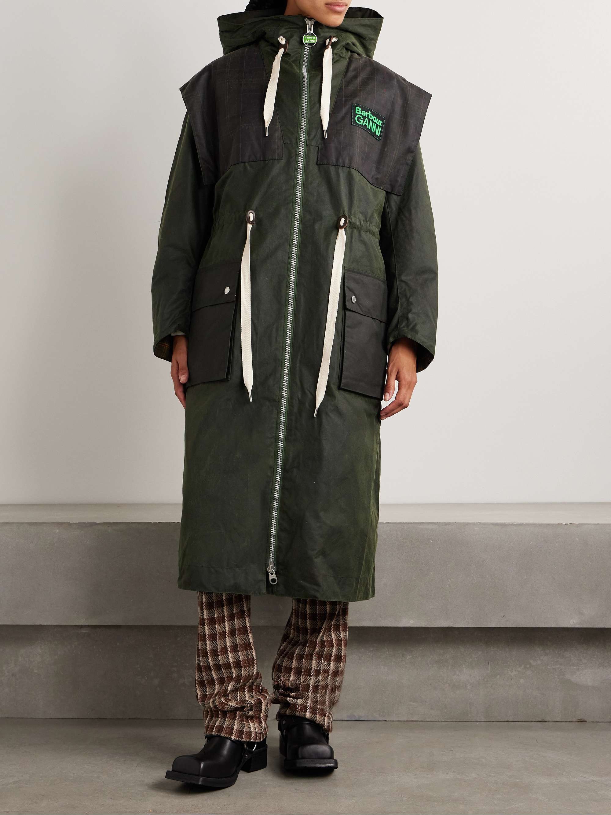 + GANNI hooded checked waxed-organic cotton jacket view
