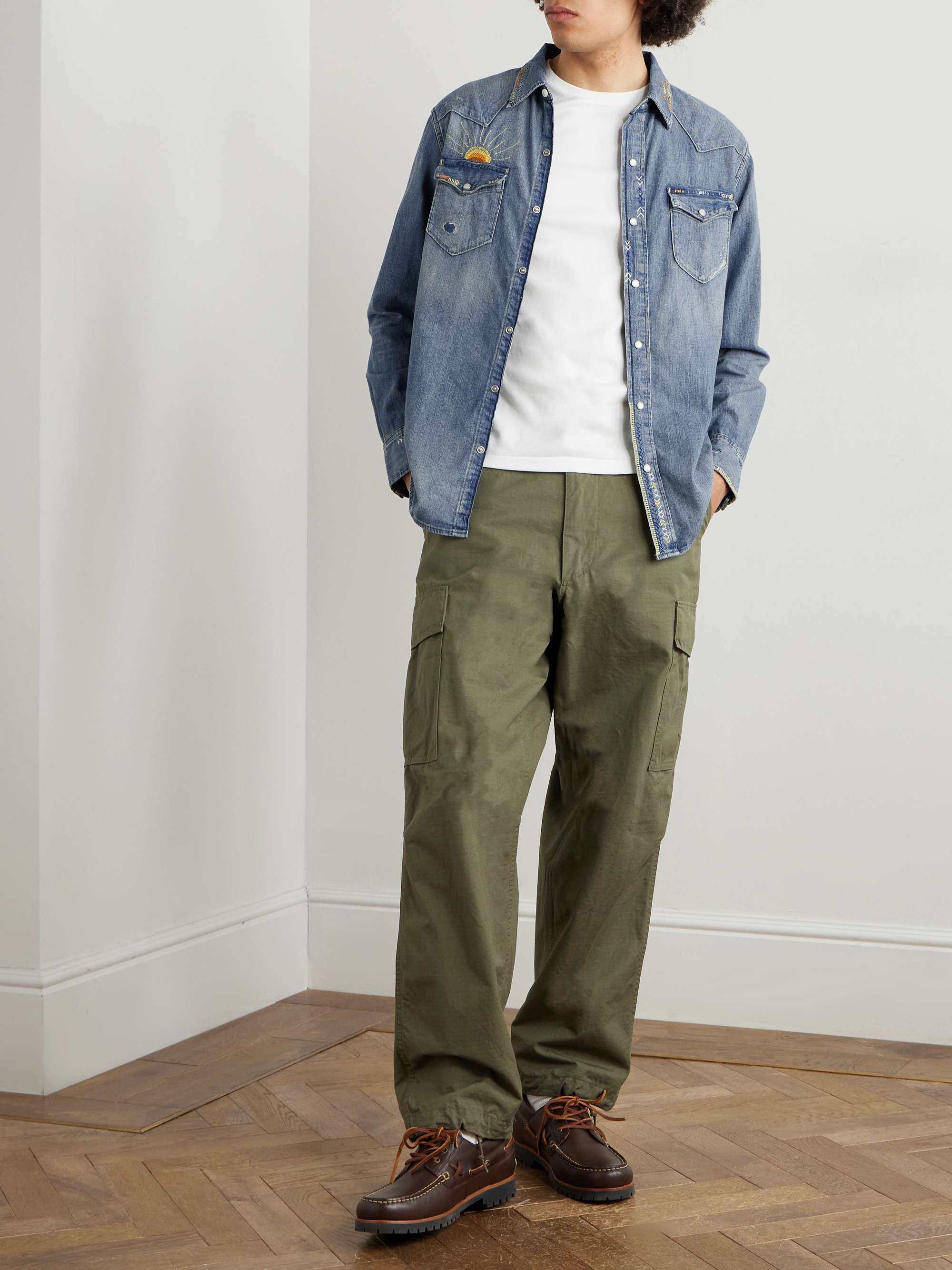 Slim-Fit Embroidered Indigo-Dyed Denim Western Shirt view