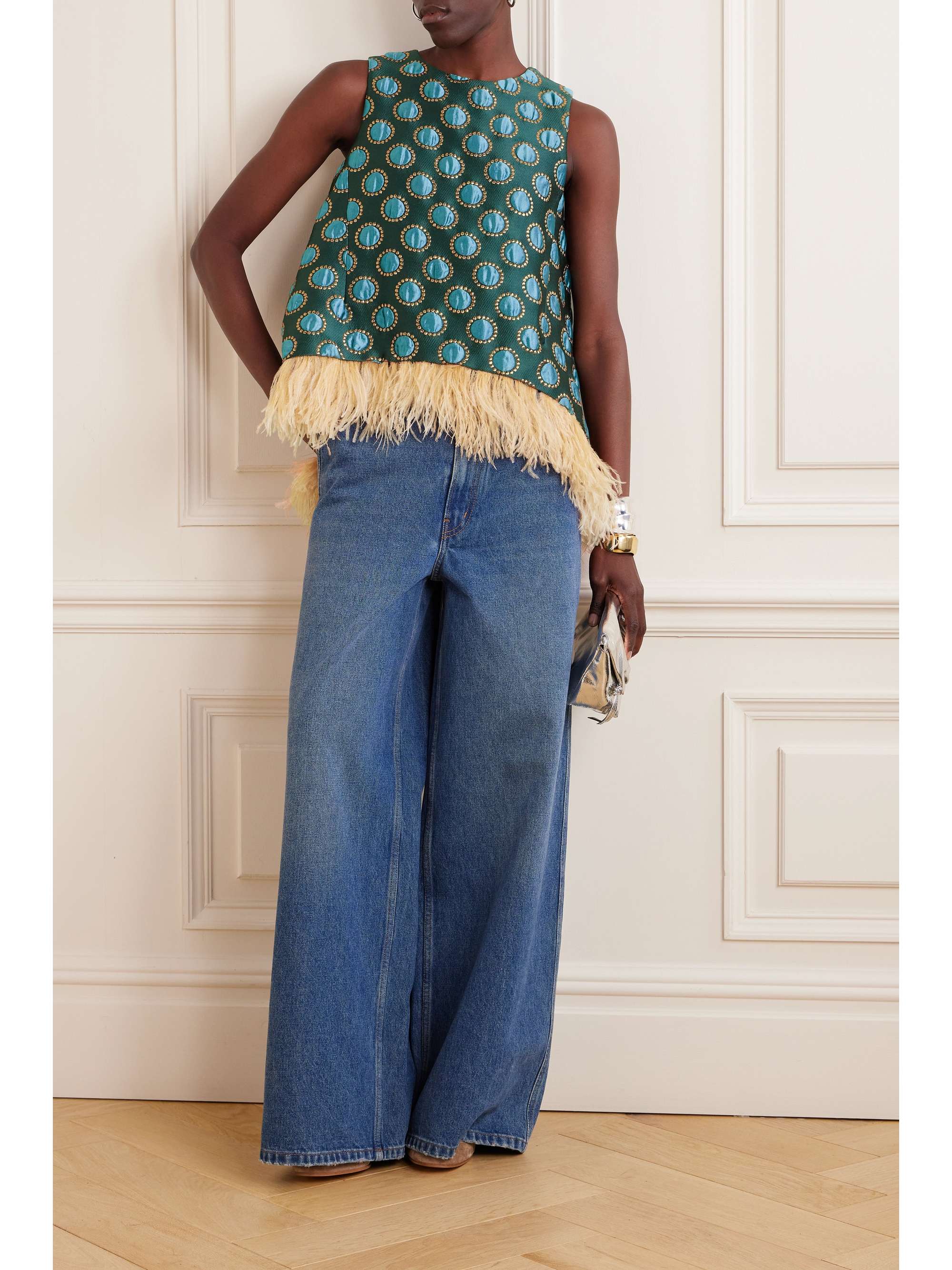 La Scala asymmetric feather-trimmed metallic jacquard top view