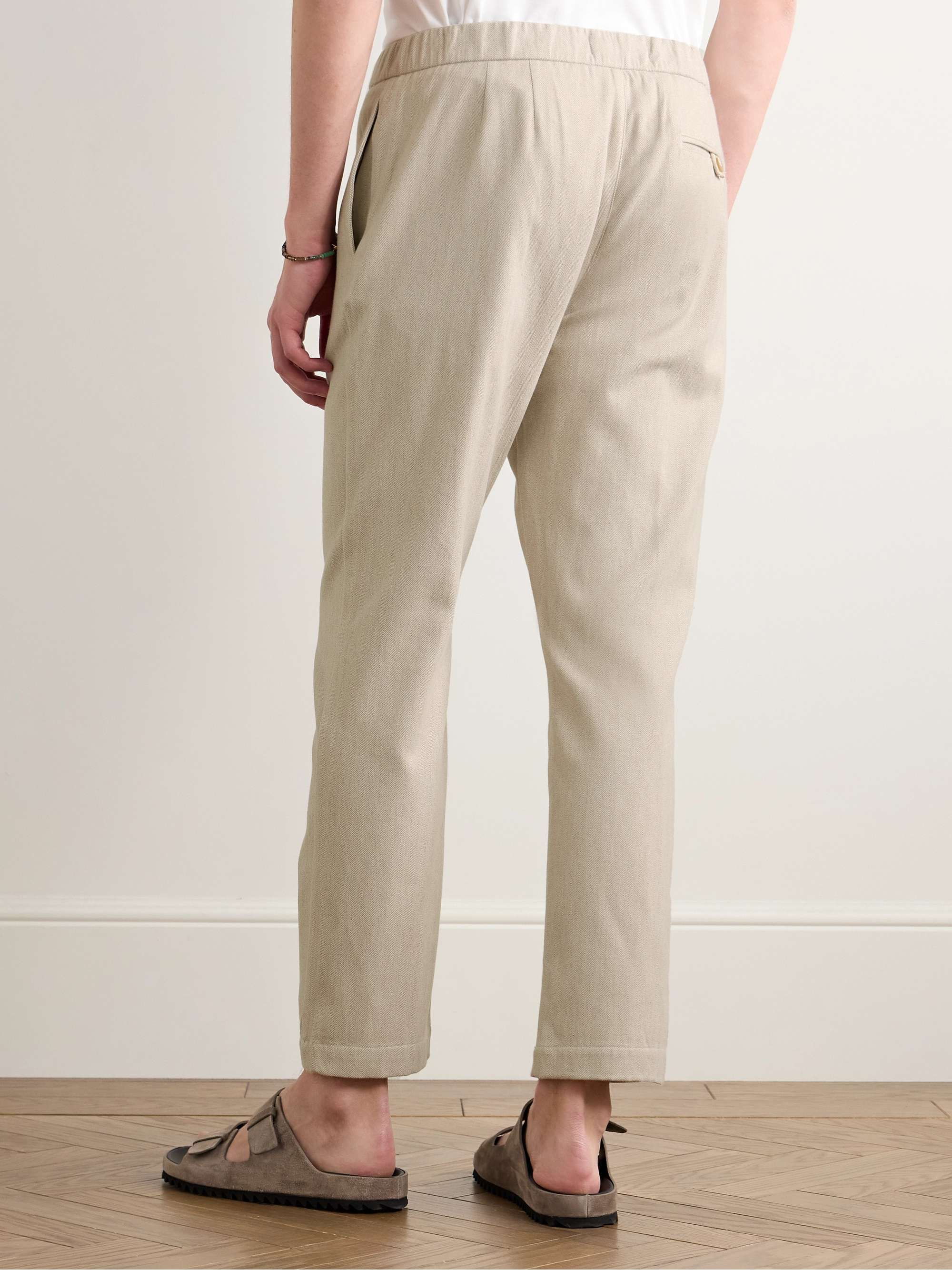 Oscar Straight-Leg Herringbone Cotton and Cashmere-Blend Drawstring Trousers view