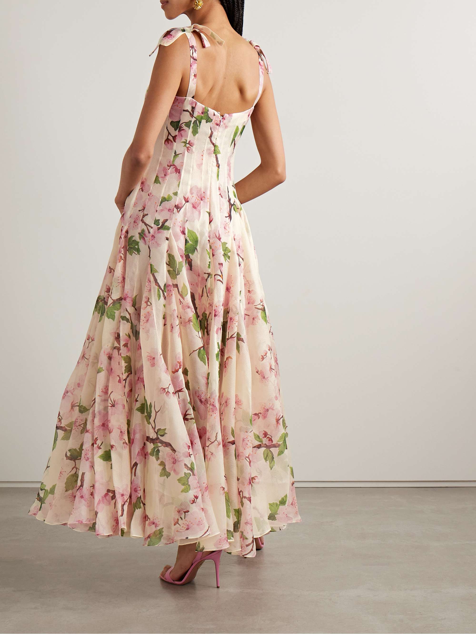 Pleated floral-print silk-blend organza gown view