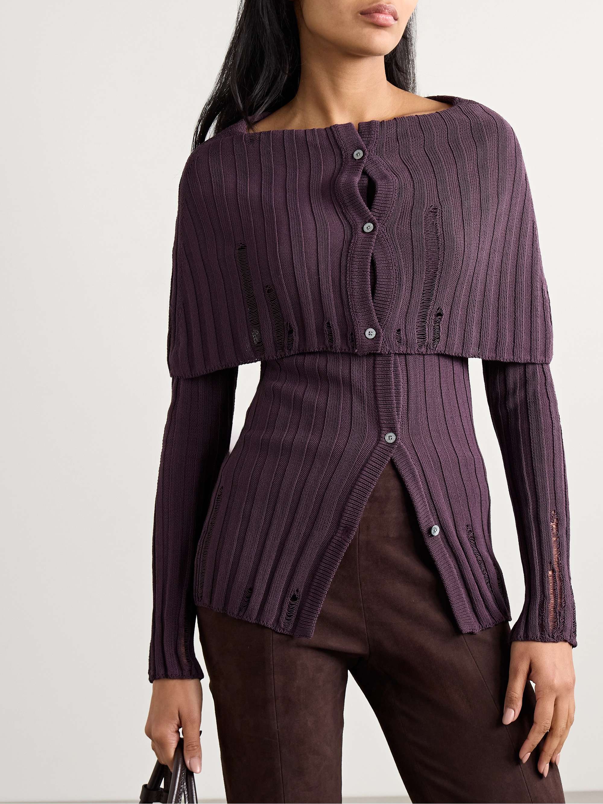 Distressed ribbed organic cotton-blend cardigan view