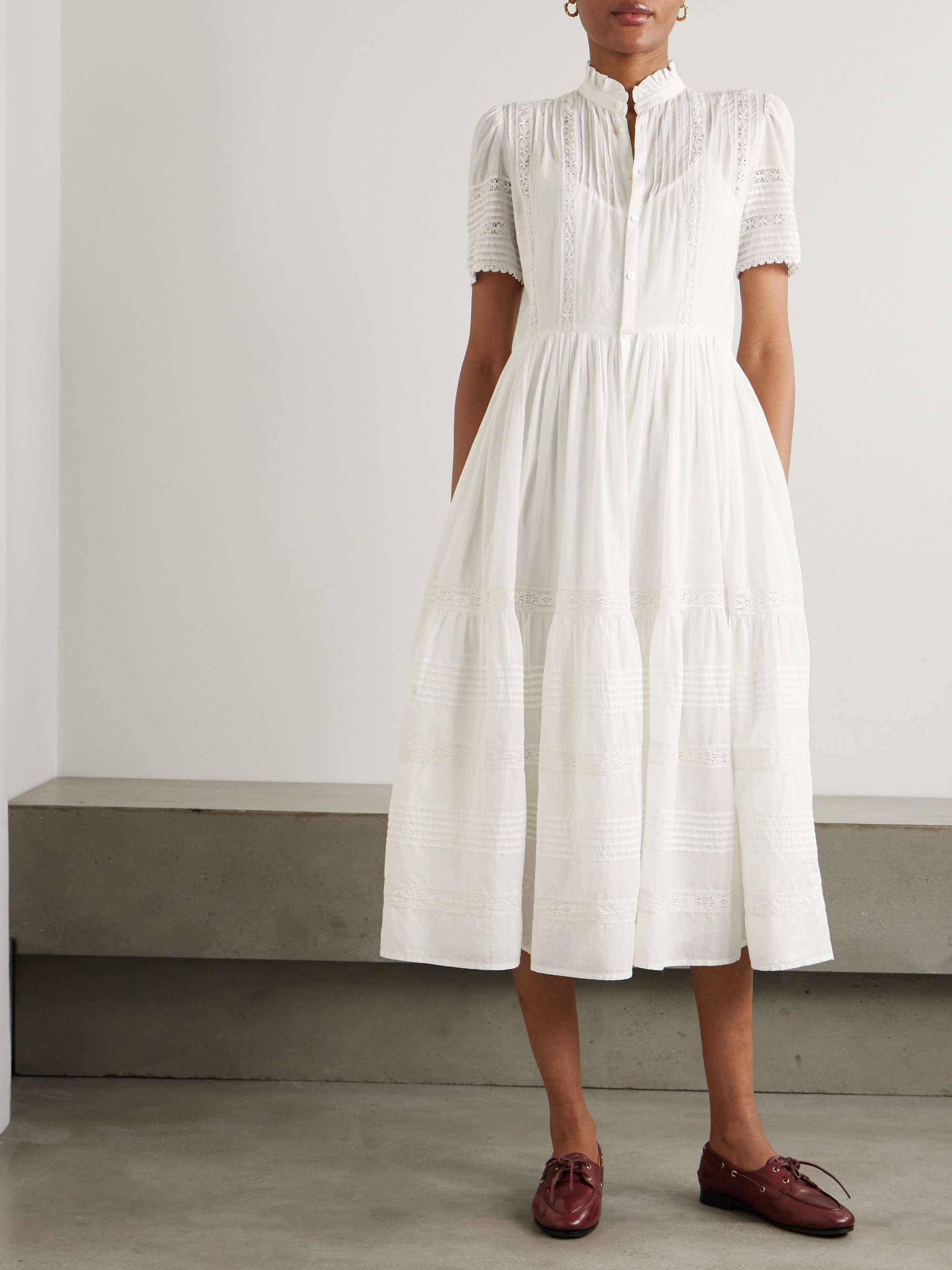 Lace-trimmed pintucked cotton midi dress view