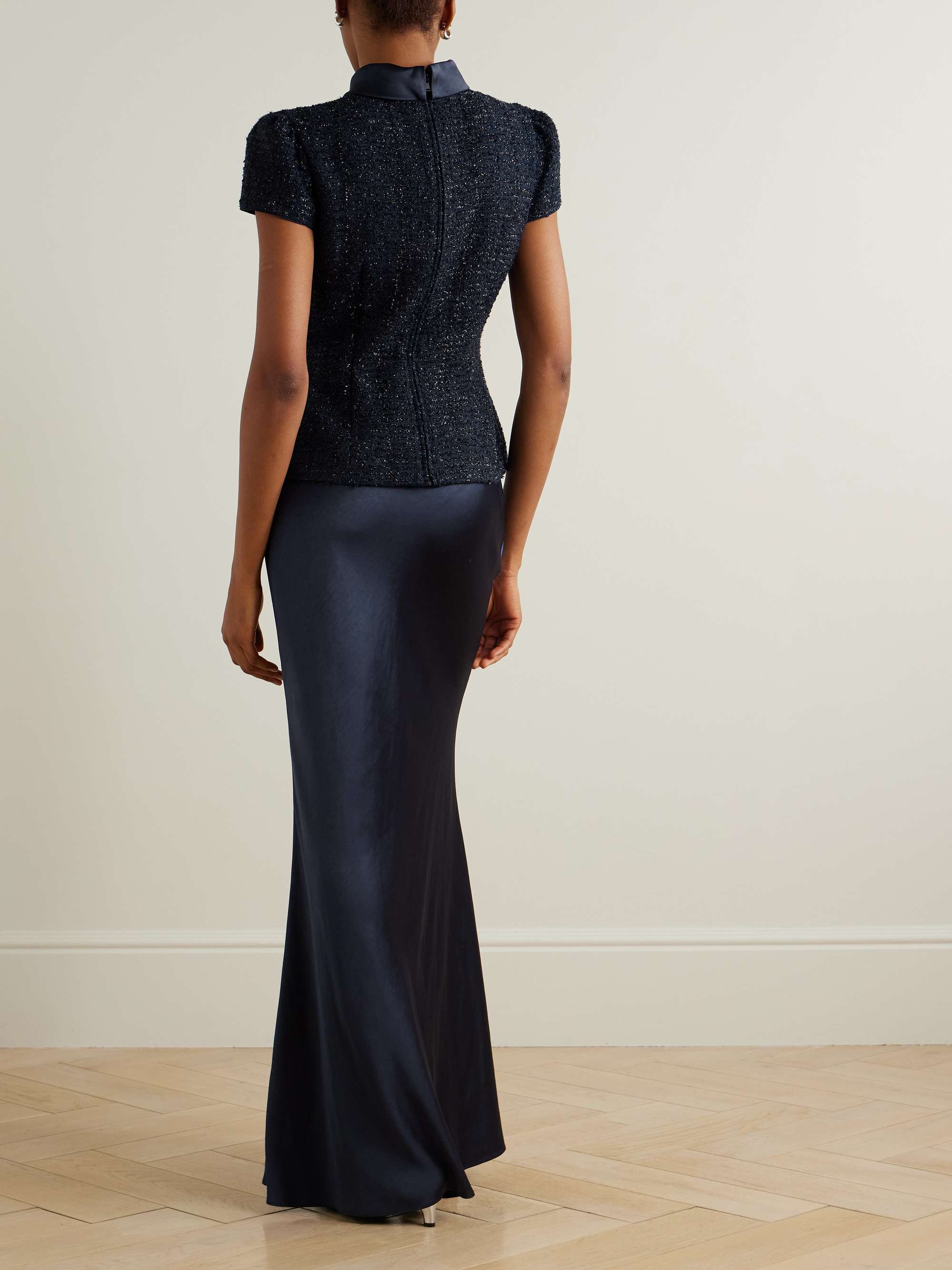 Layered embellished metallic bouclé-tweed and satin maxi dress view