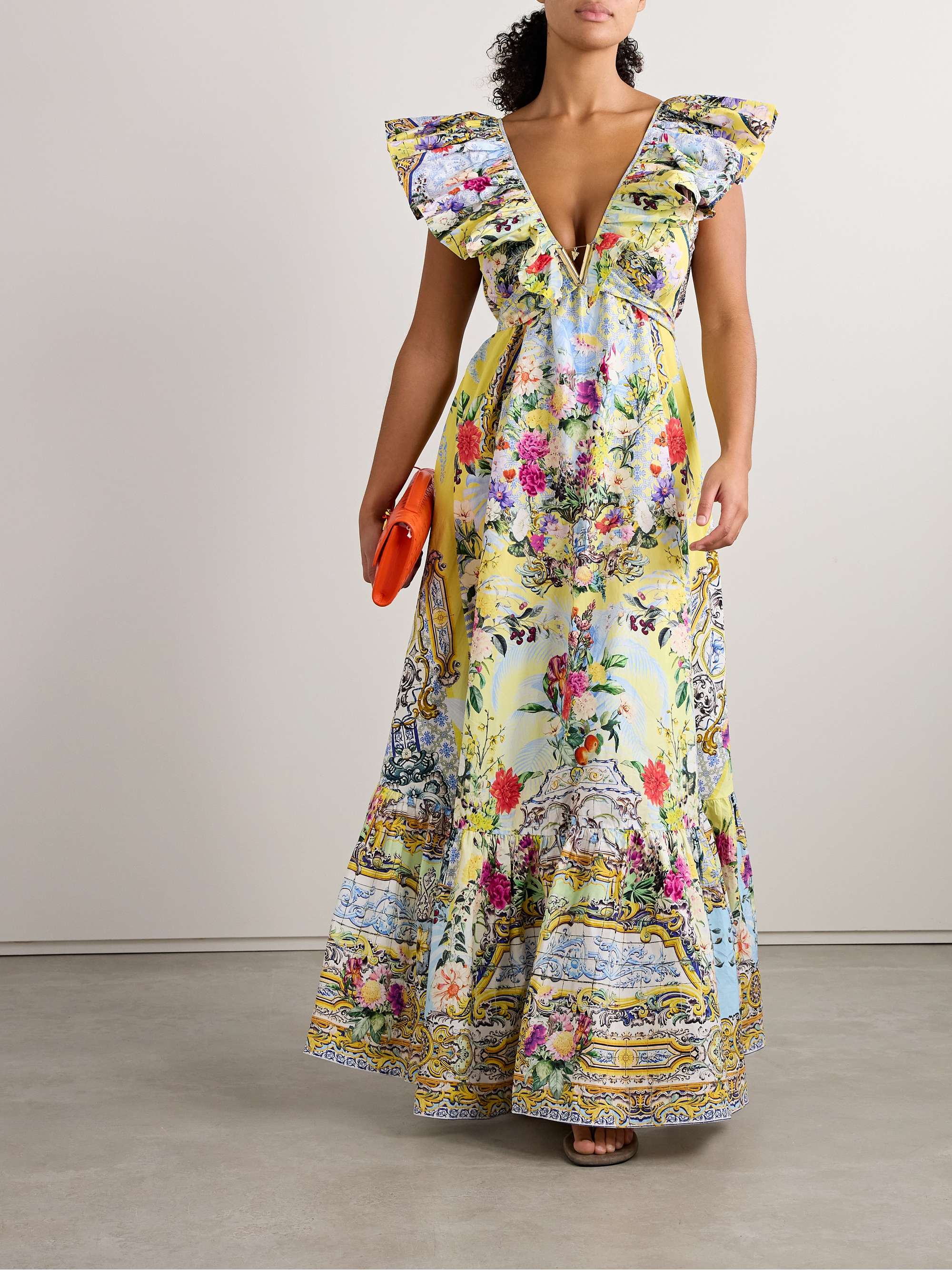 Embellished belted ruffled printed organic cotton-poplin maxi dress view