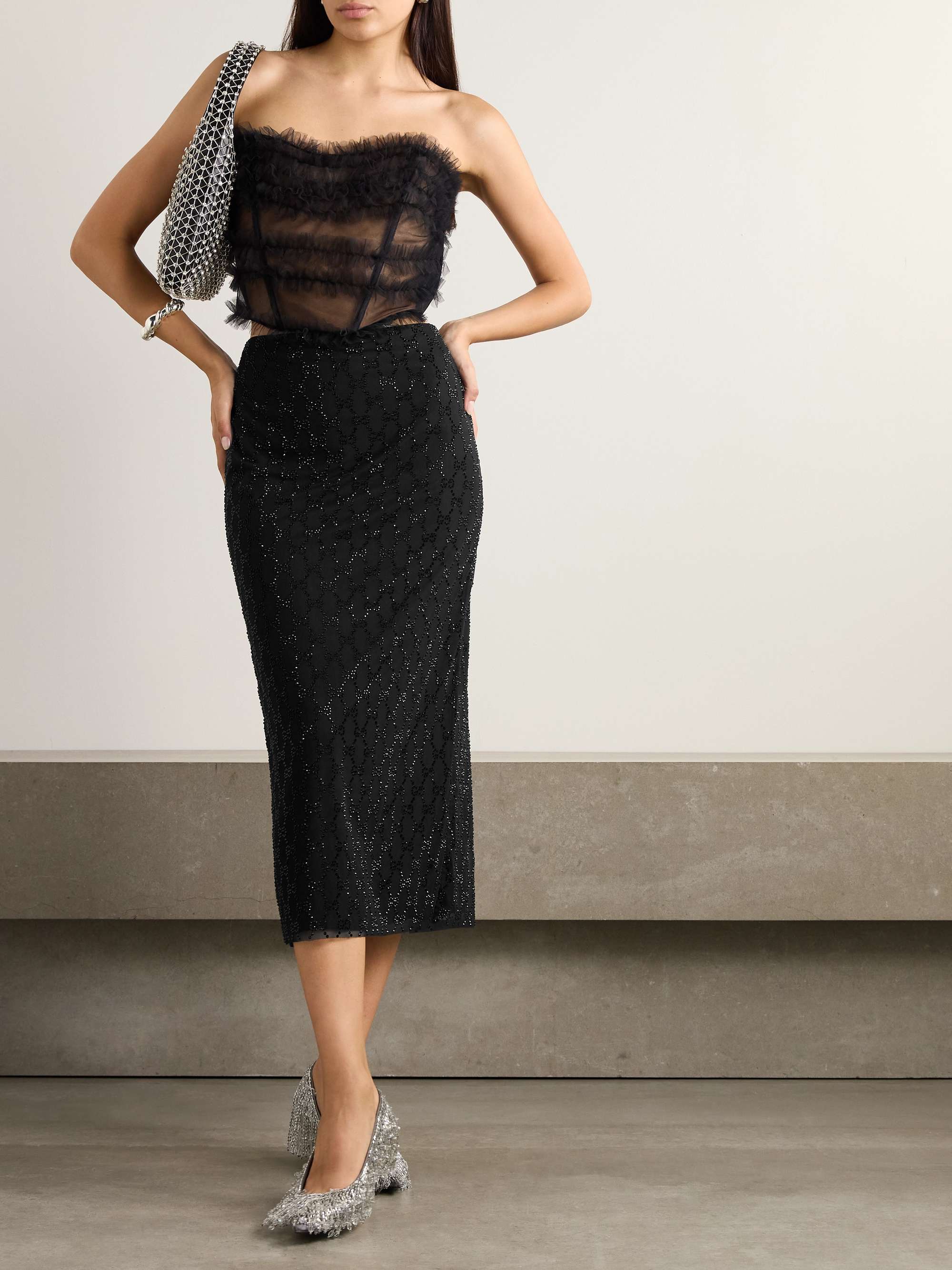 Crystal-embellished tulle midi skirt view