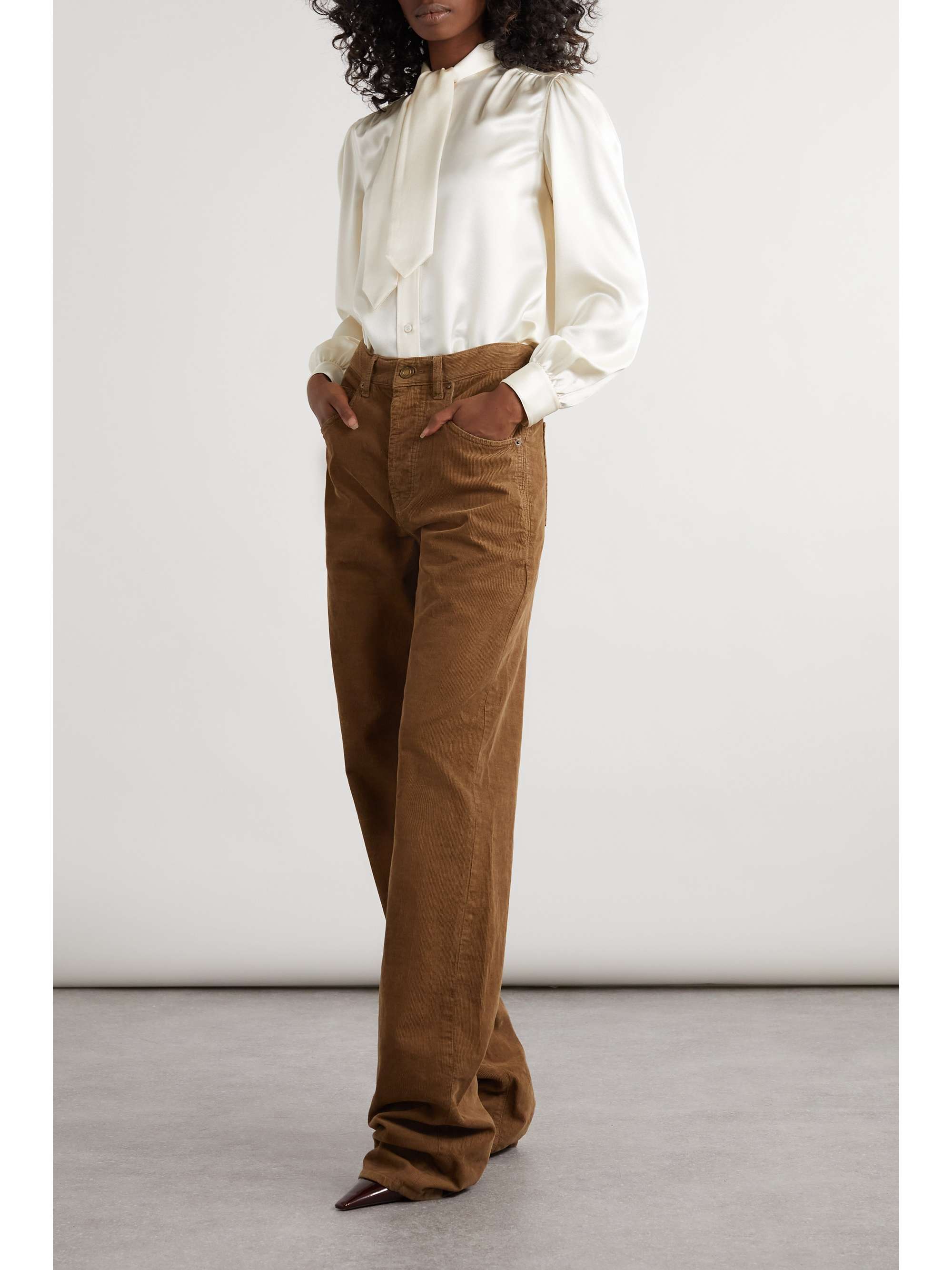 Cropped pussy-bow silk-charmeuse blouse view