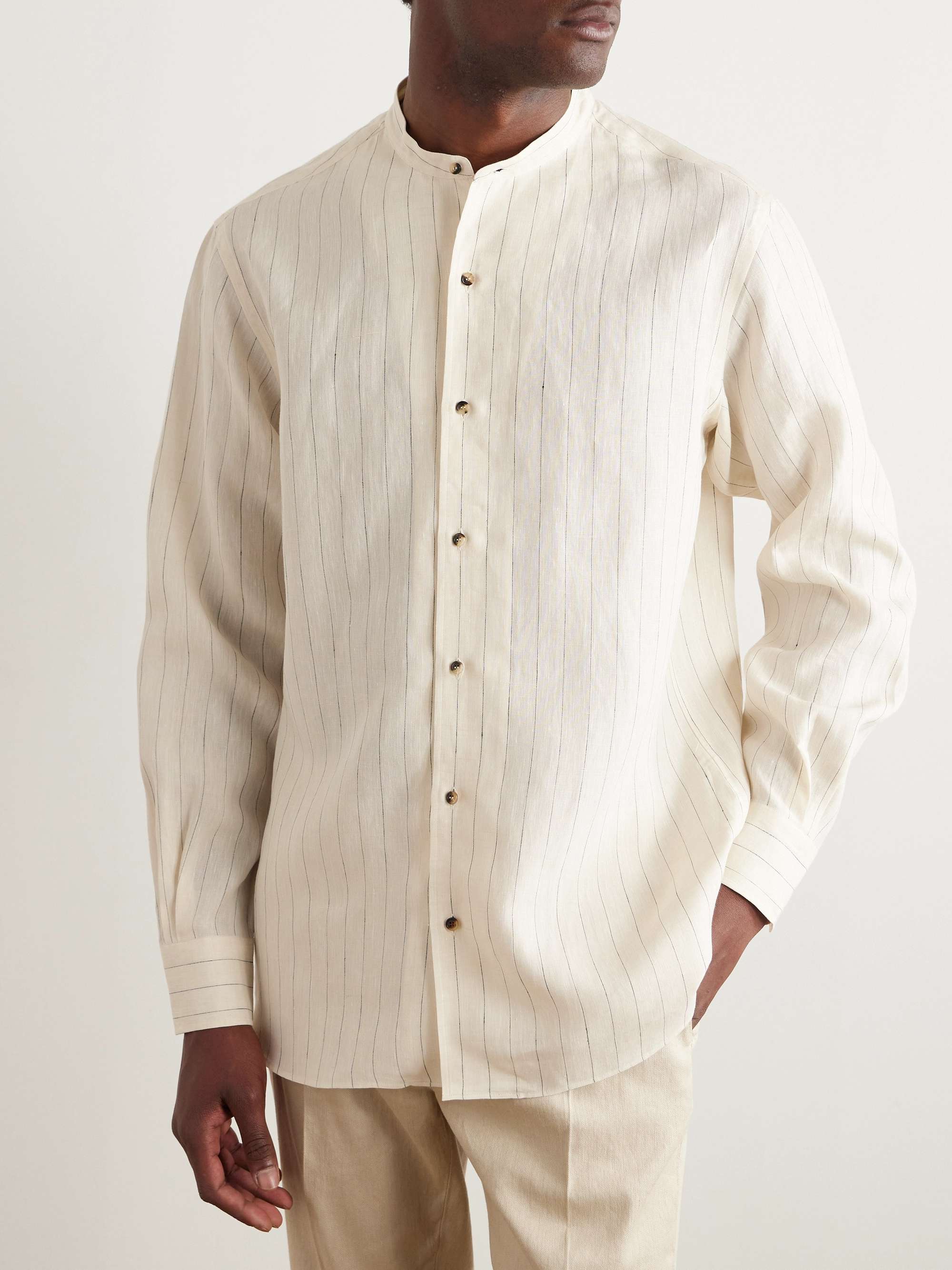 Elia Grandad-Collar Pinstriped Linen Shirt view