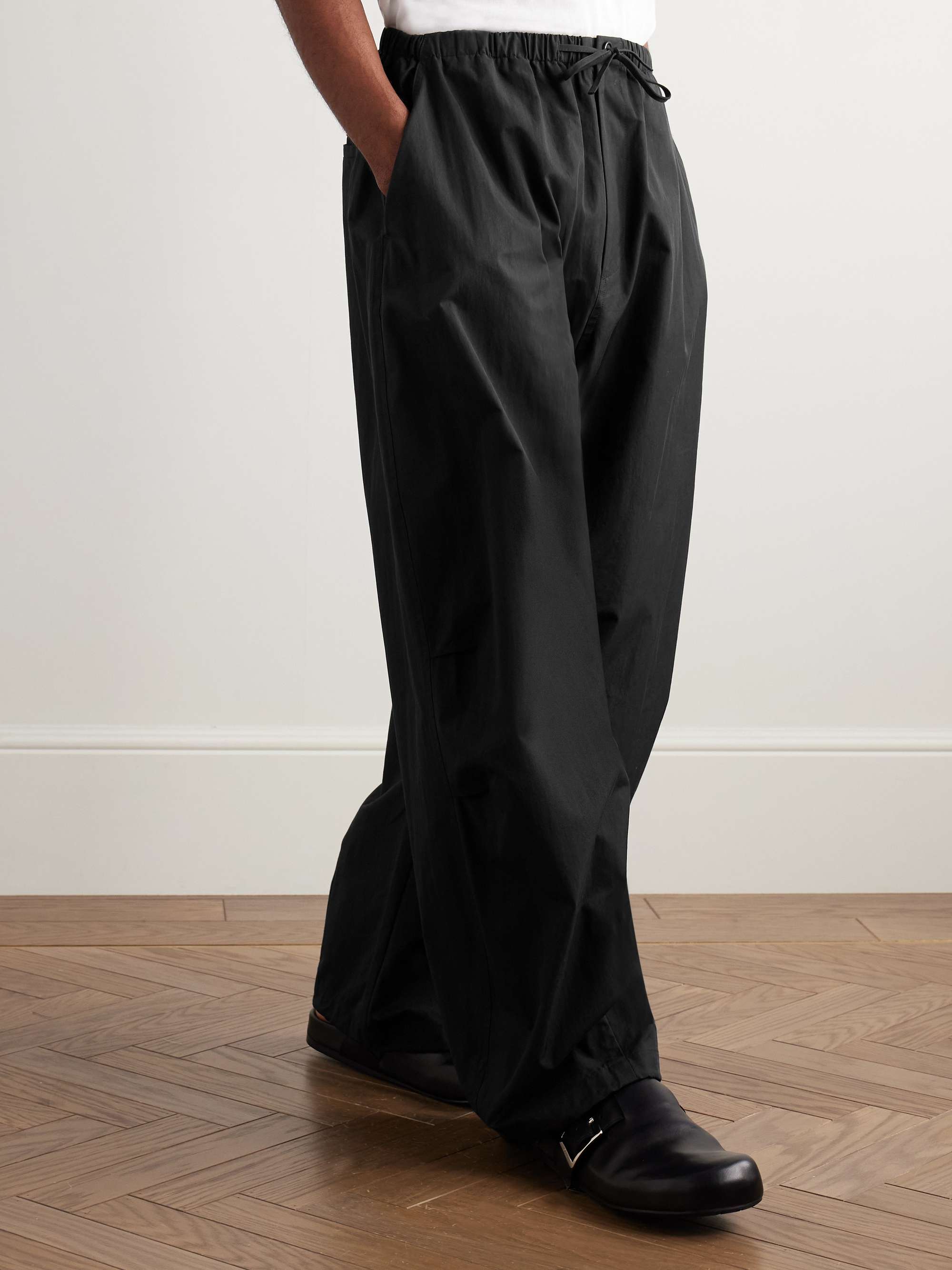 Wide-Leg Cotton-Blend Twill Drawstring Trousers view