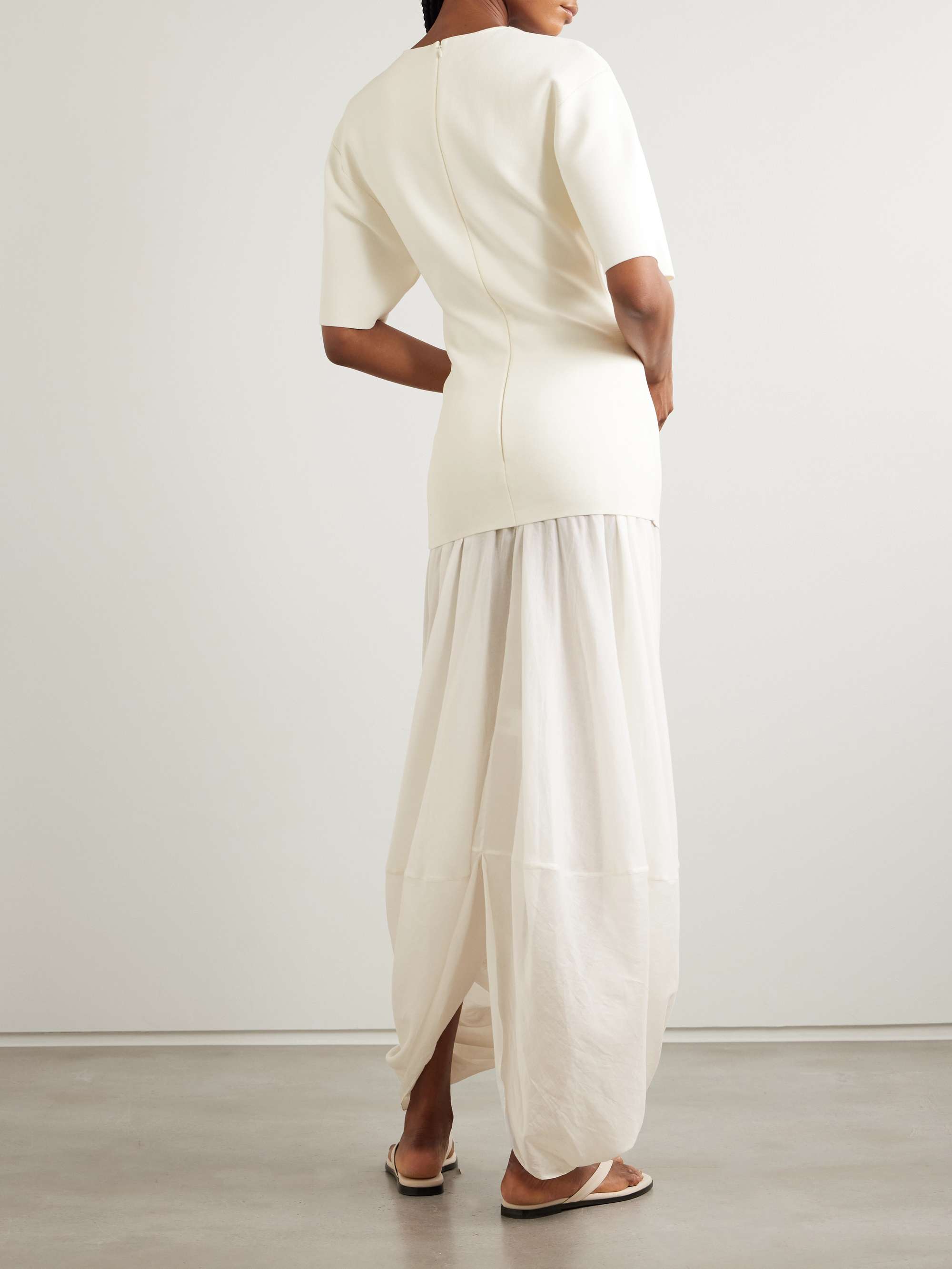 Cocoon draped voile-paneled knitted maxi dress view