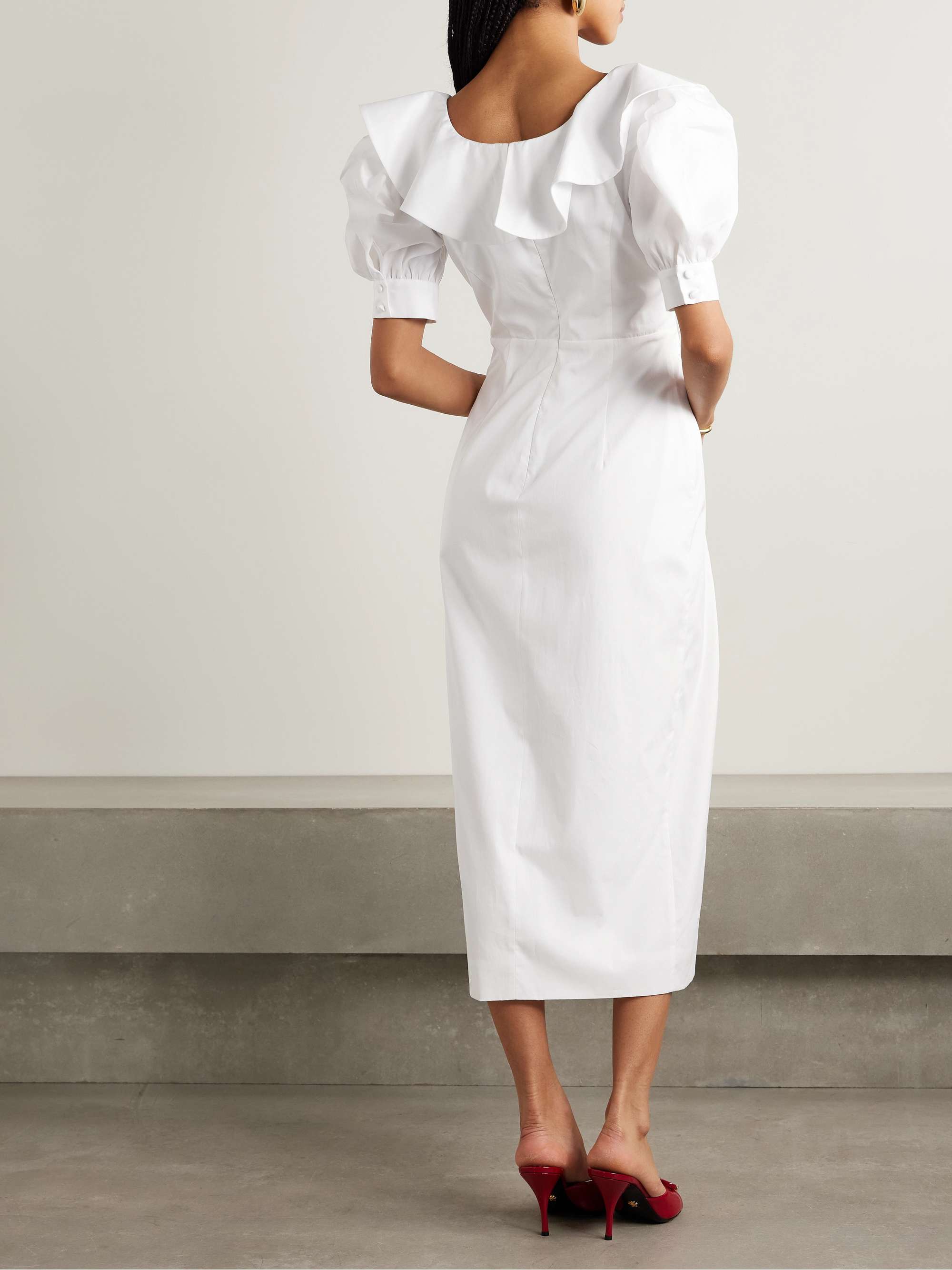 Velvet-trimmed ruffled cotton-poplin midi dress view