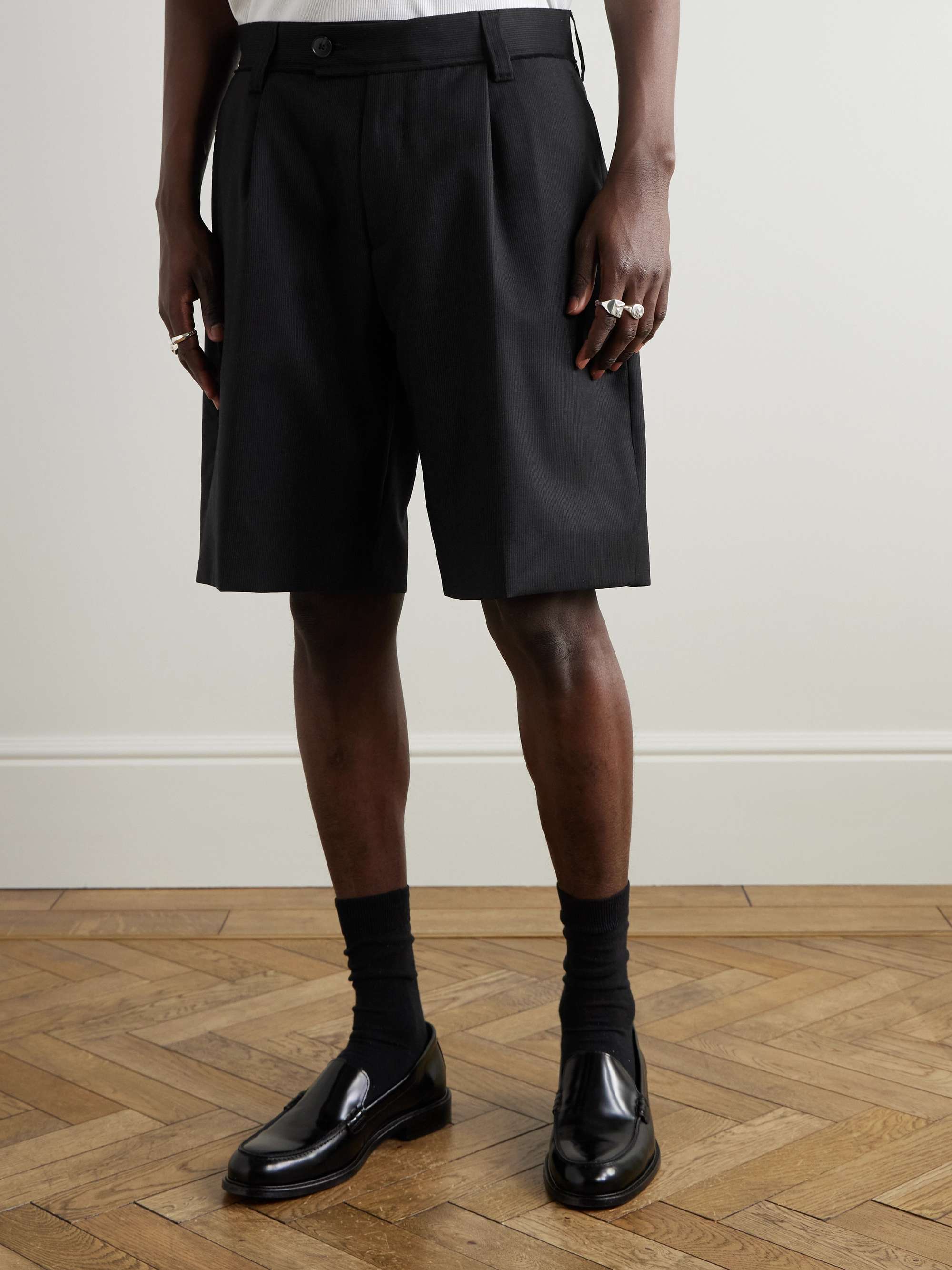 Classic Straight-Leg Pleated Striped Wool Shorts view