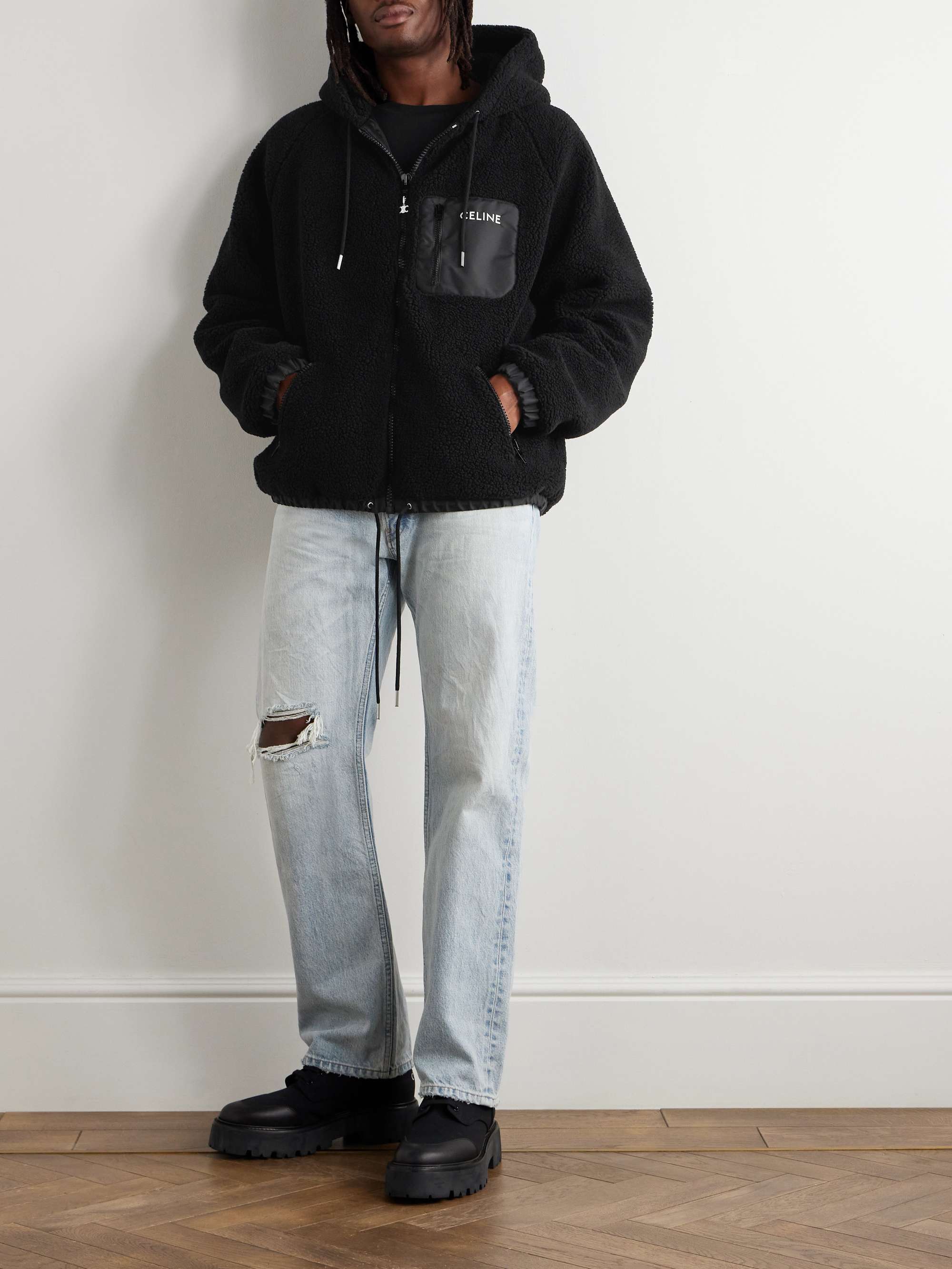 Logo-Embroidered Shell-Trimmed Fleece Hoodie view
