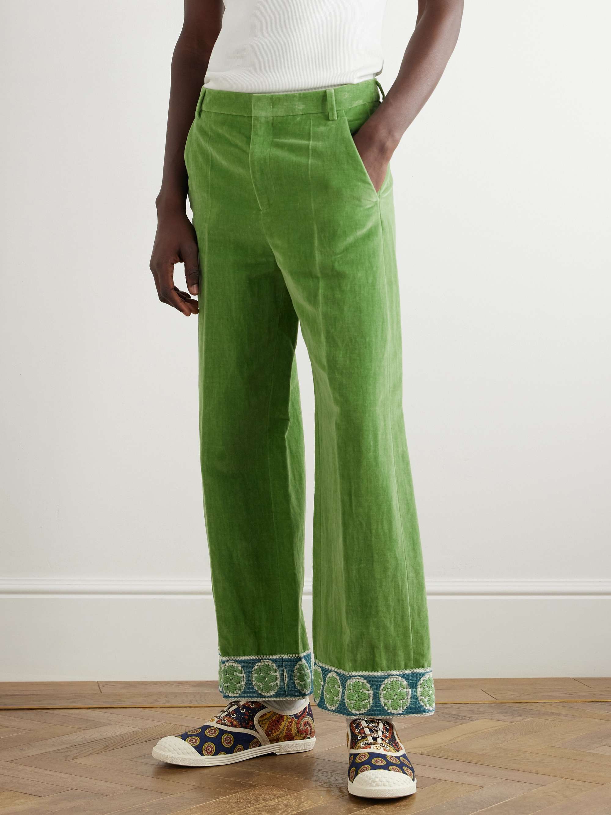 Flared Jacquard-Trimmed Cotton and Linen-Blend Velvet Trousers view
