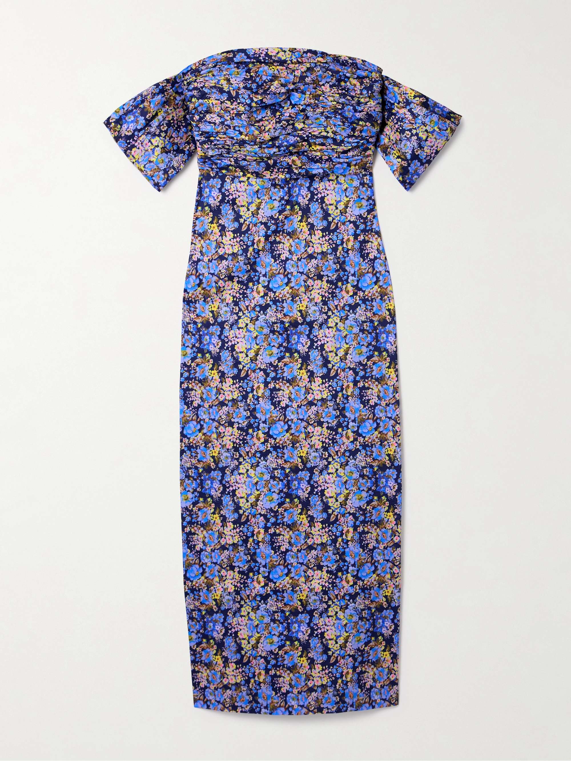 Adele off-the-shoulder ruched floral-print taffeta midi dress hero visual