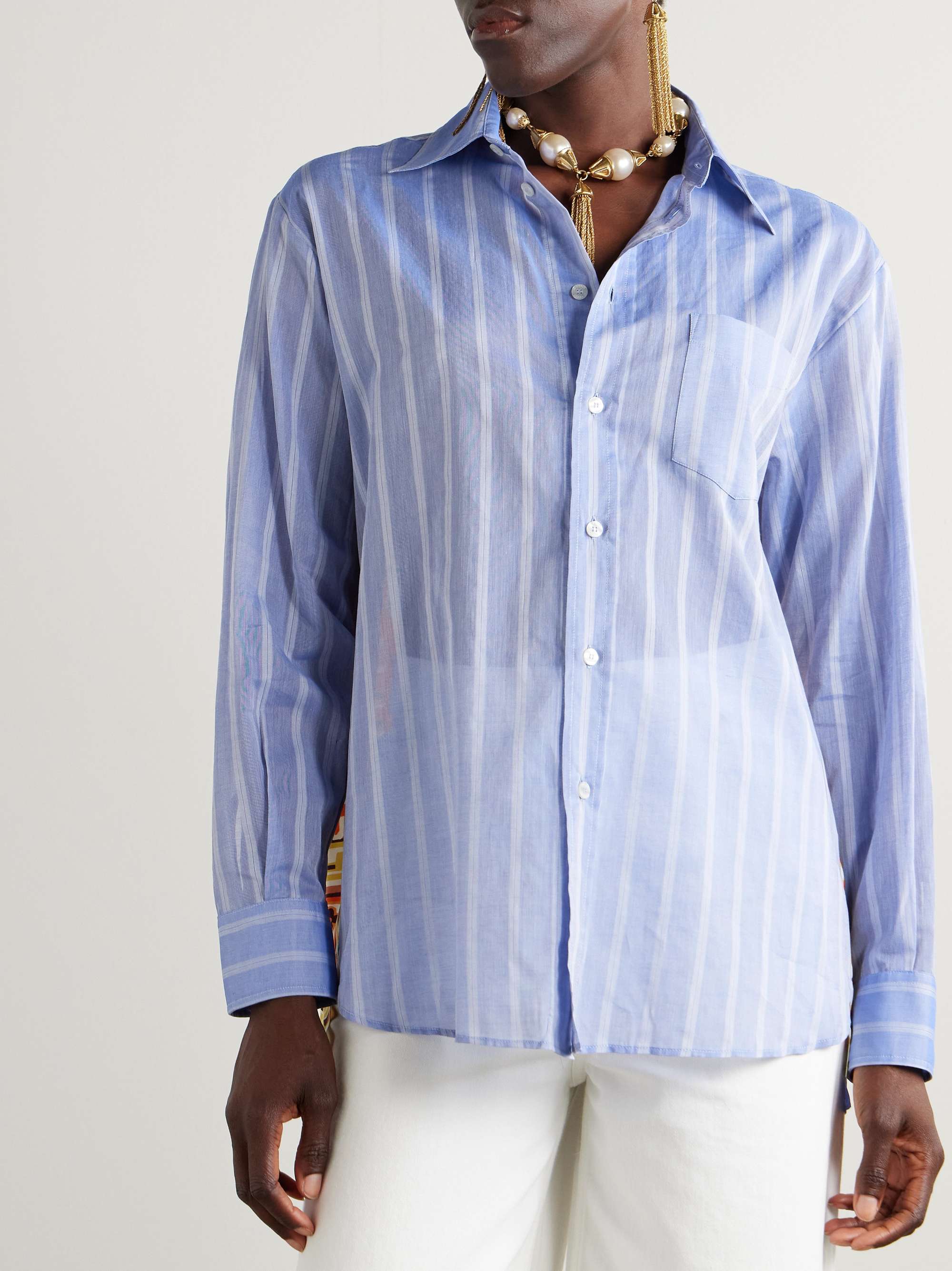 Printed silk and striped cotton-voile shirt view