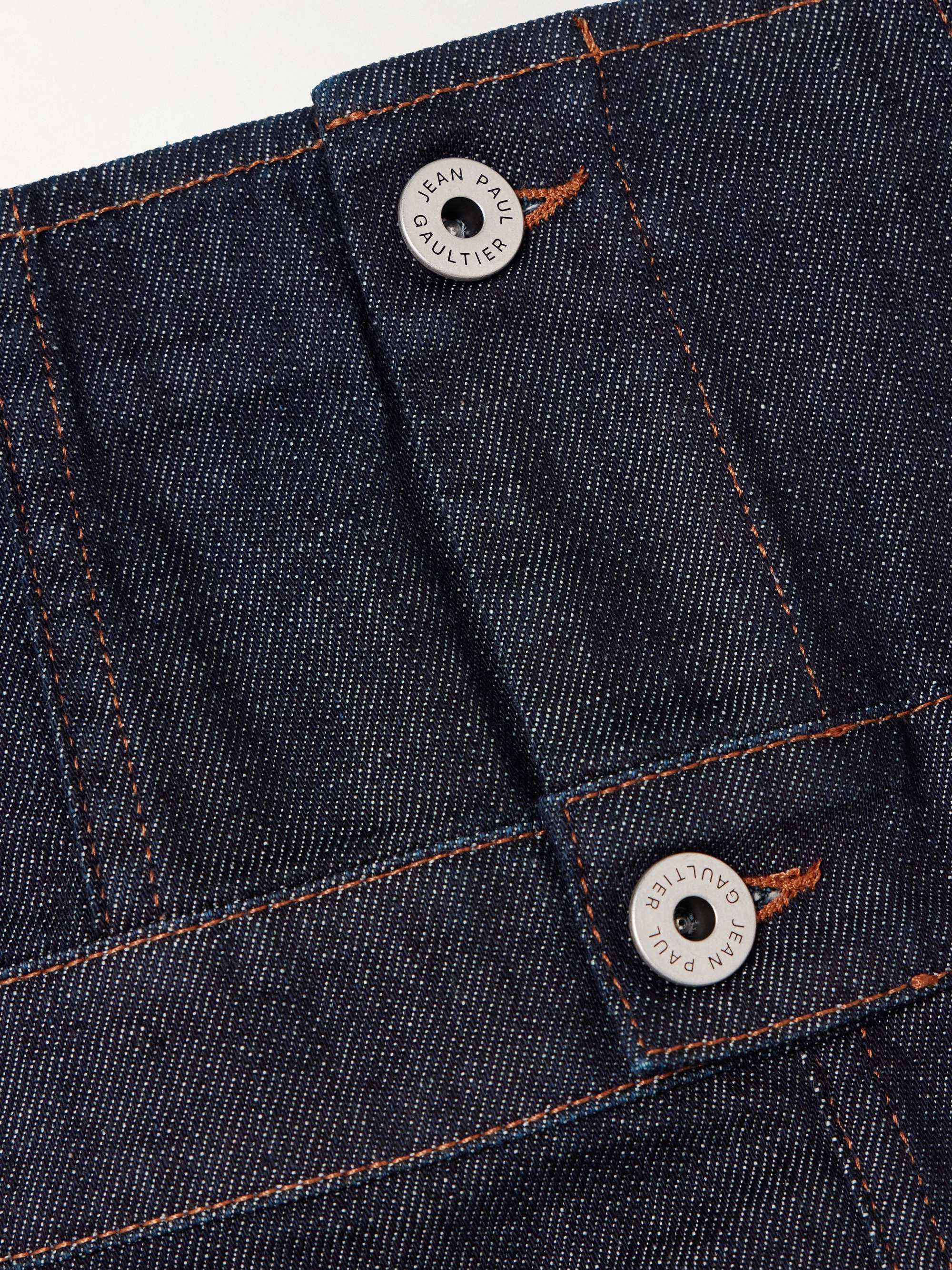 Paneled topstitched denim midi skirt view