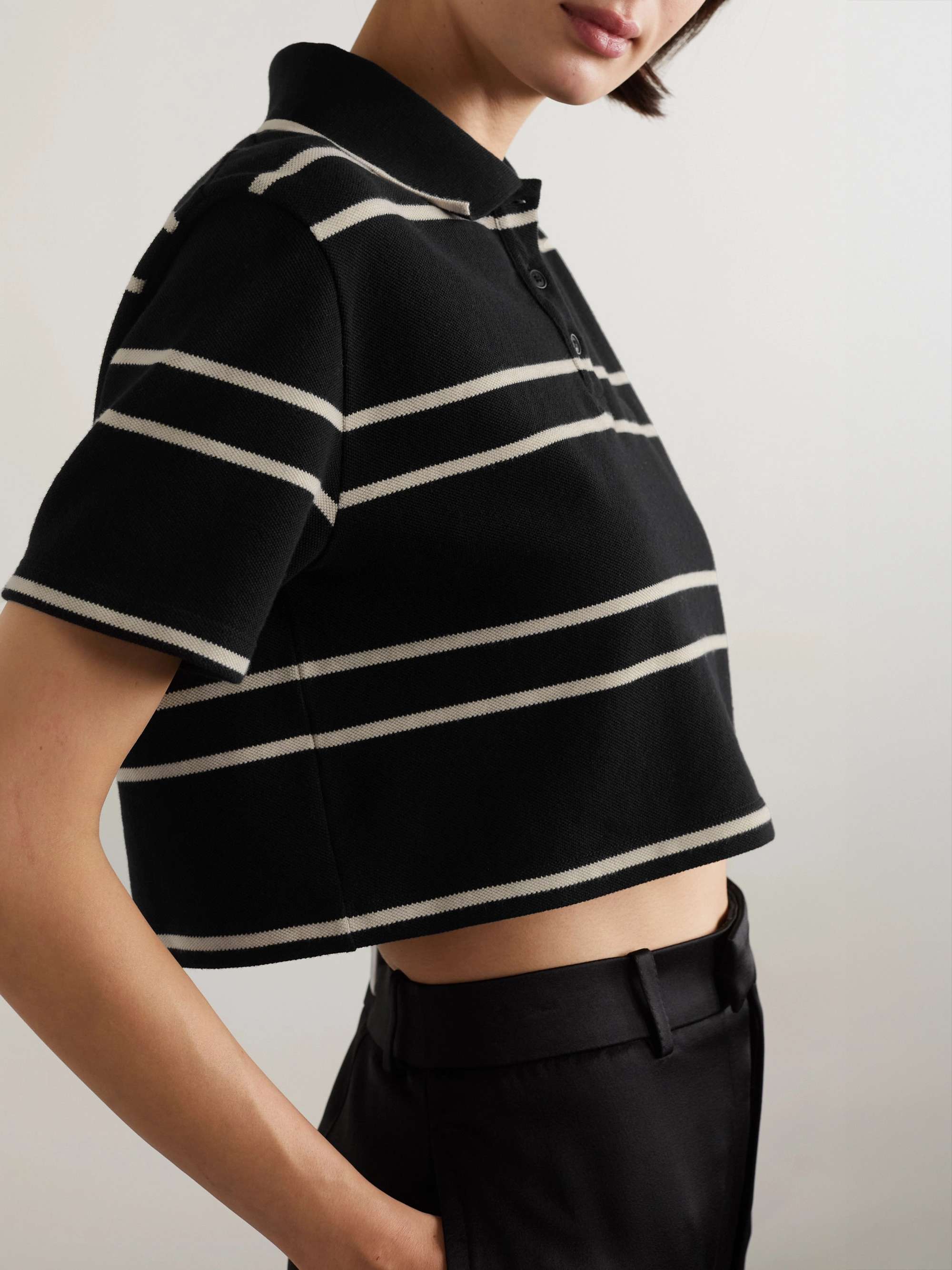 Striped cropped cotton-piqué polo shirt view