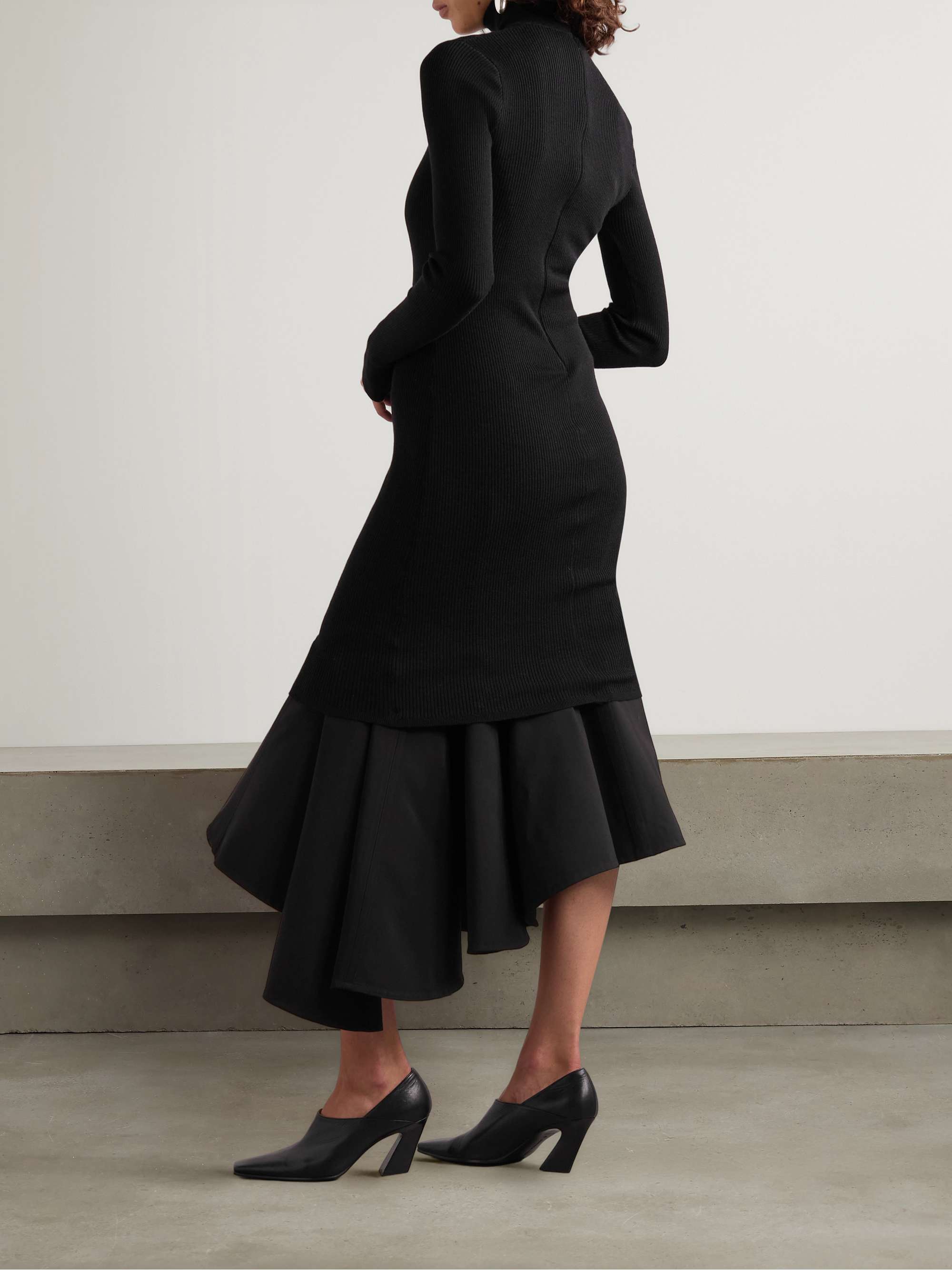 Asymmetric satin-trimmed ribbed-knit turtleneck midi dress view