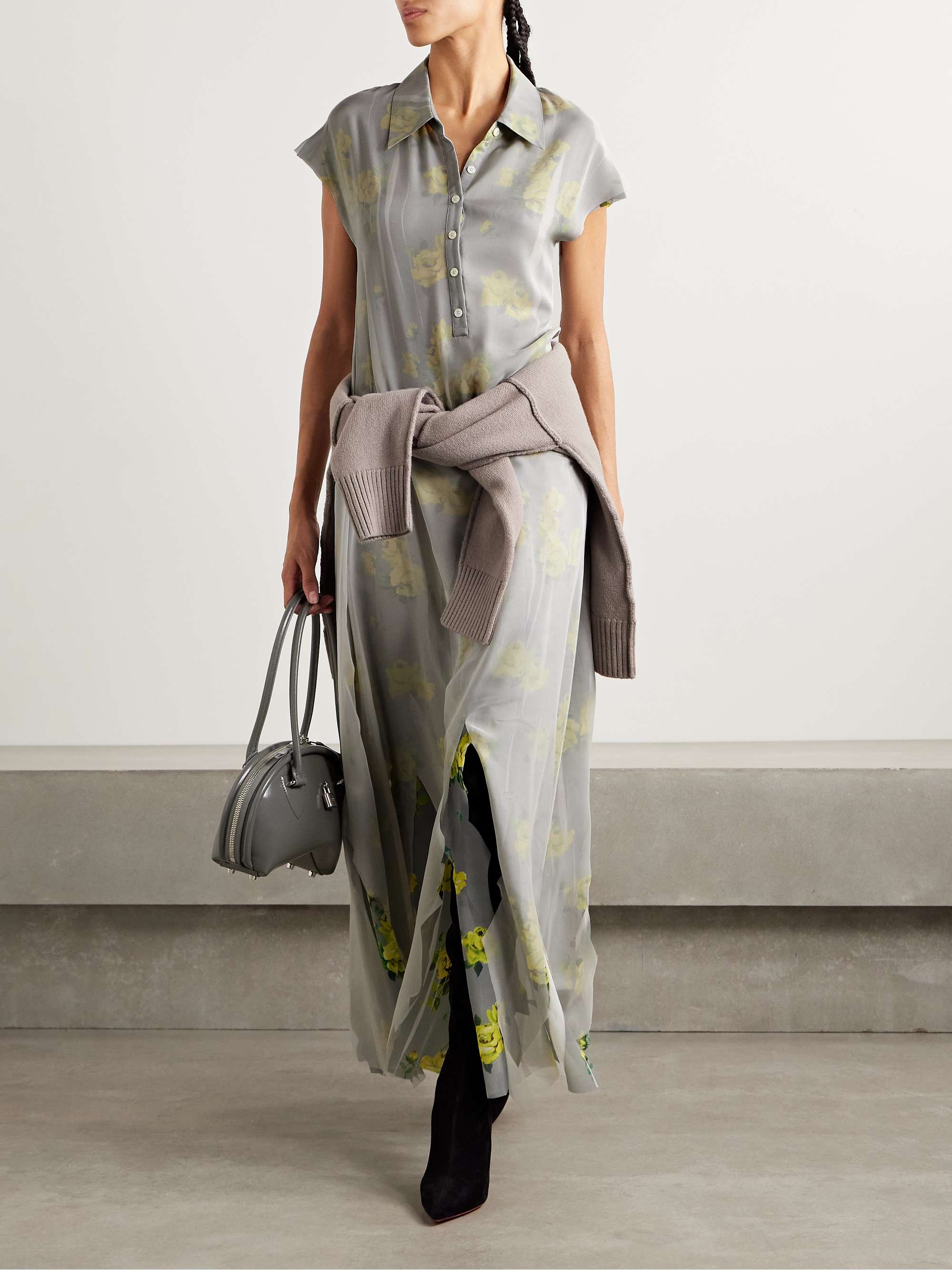 Layered chiffon and floral-print crepe maxi dress view