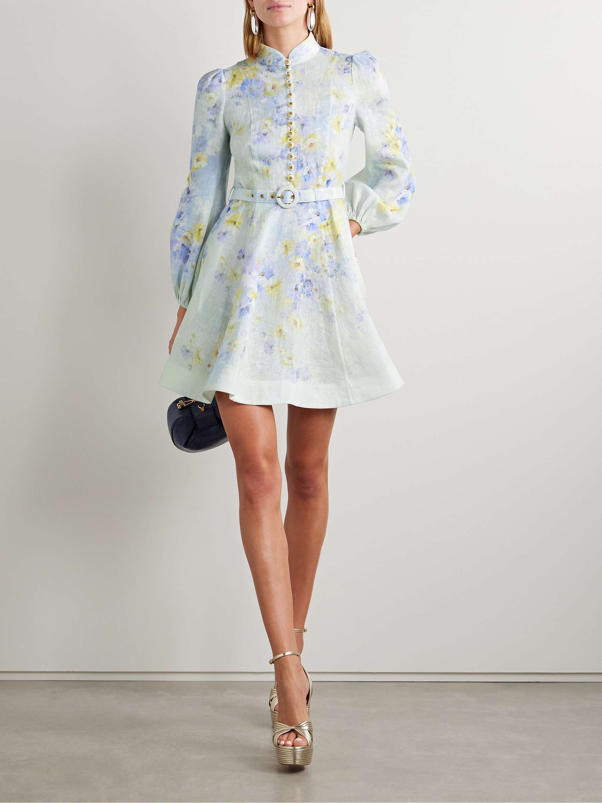 Crush belted embellished floral-print linen mini dress view