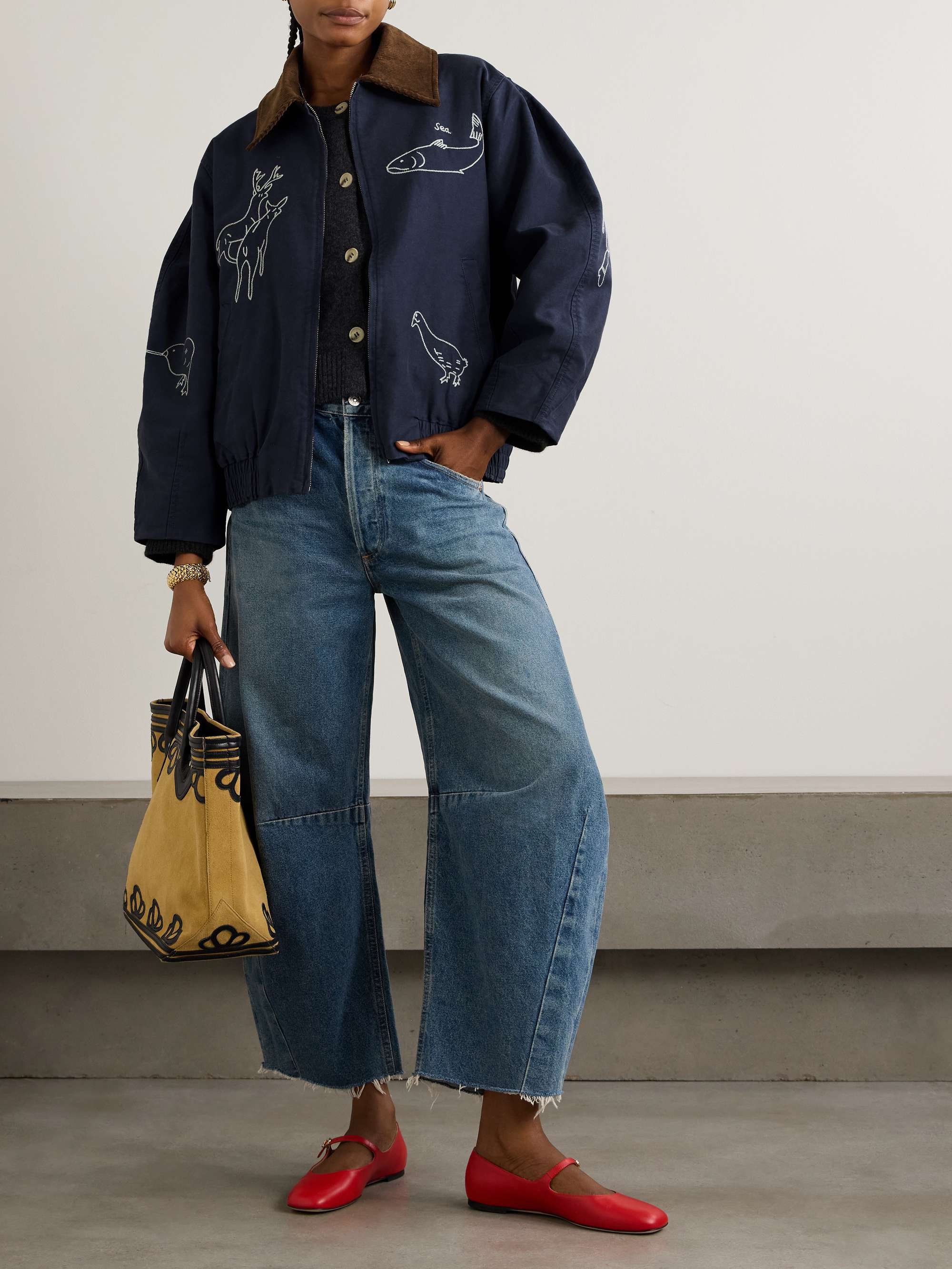 Demi oversized embroidered corduroy-trimmed cotton-canvas jacket view