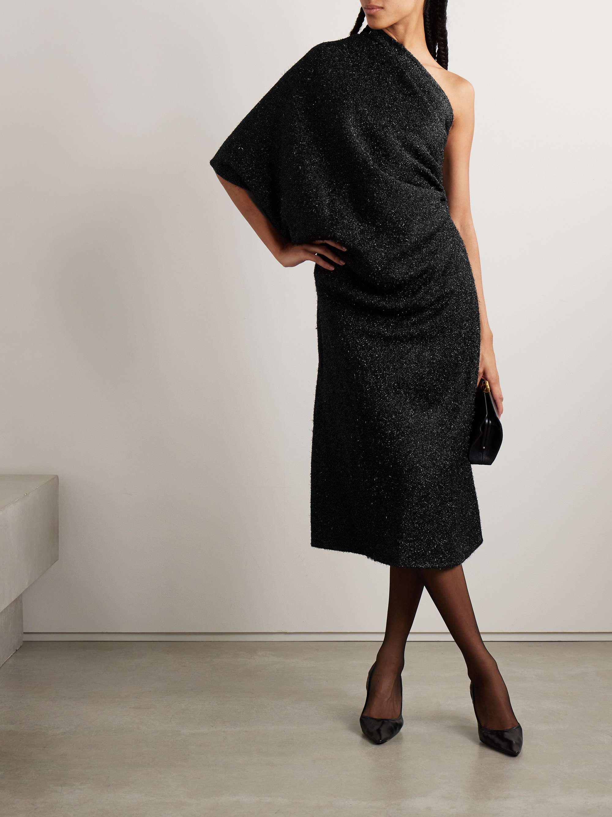 Dorota one-shoulder draped metallic knitted midi dress view