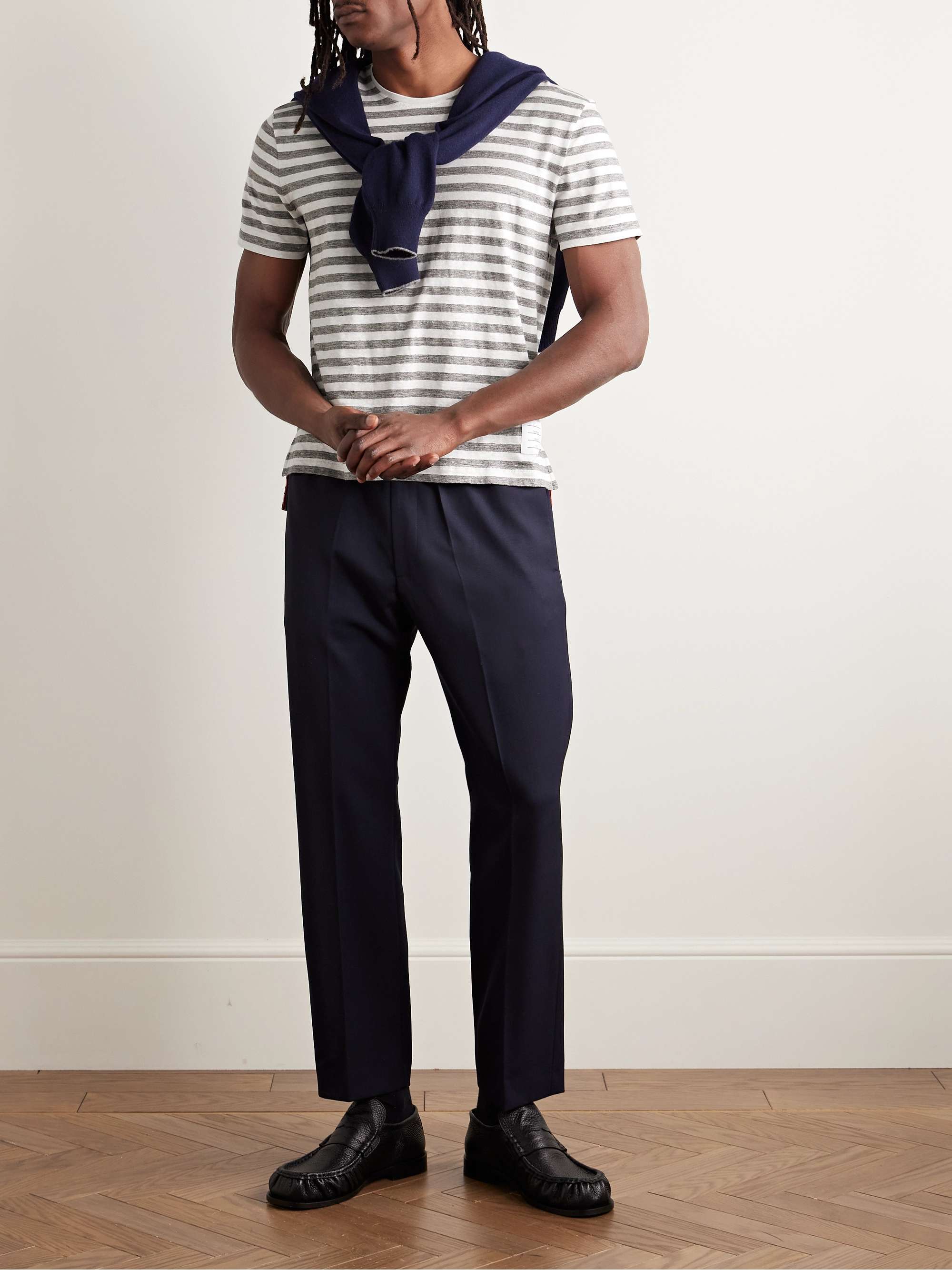 Logo-Appliquéd Striped Linen-Blend Jersey T-Shirt view