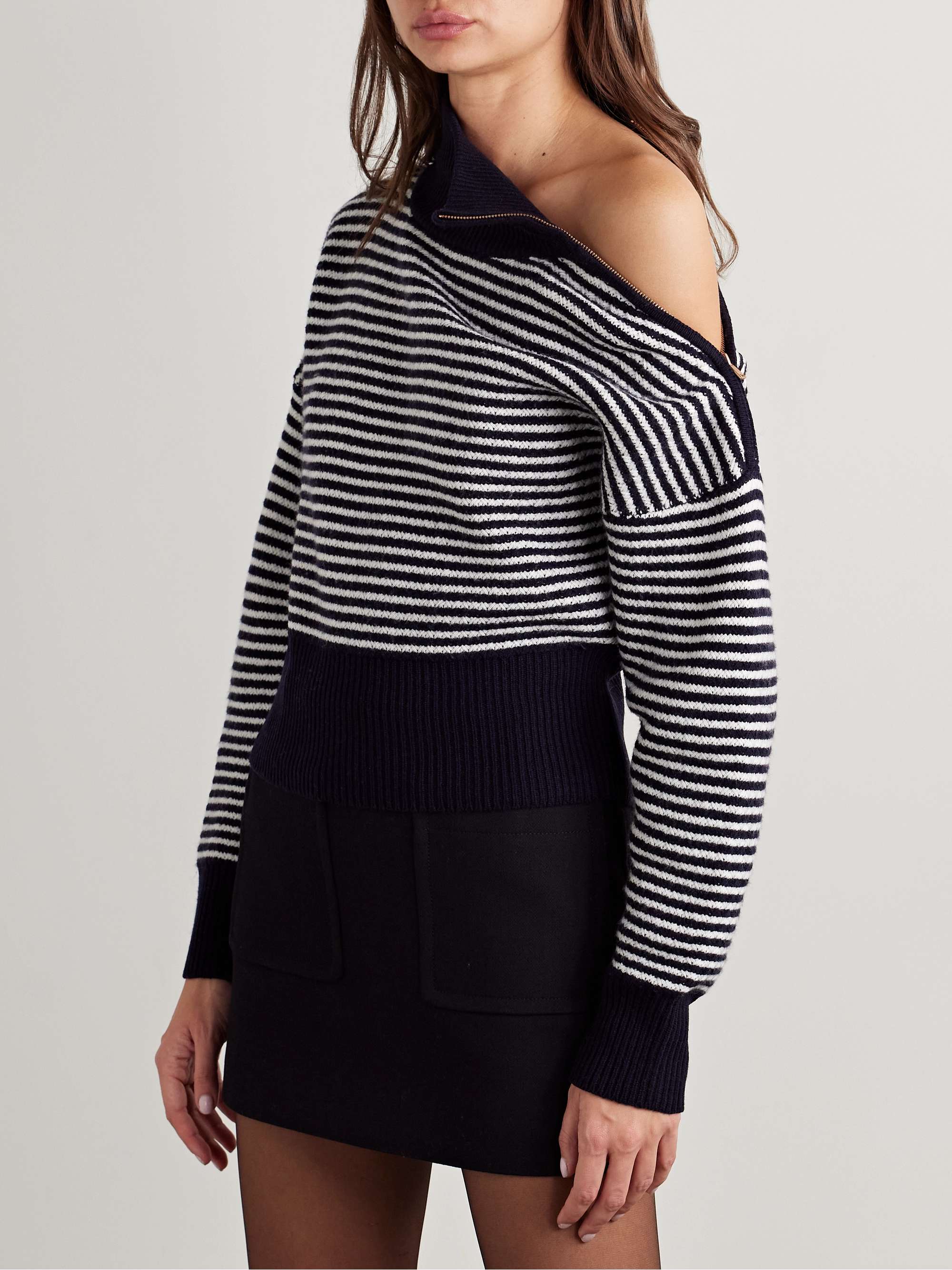 Bessica zip-detailed striped wool and cashmere-blend turtleneck sweater view