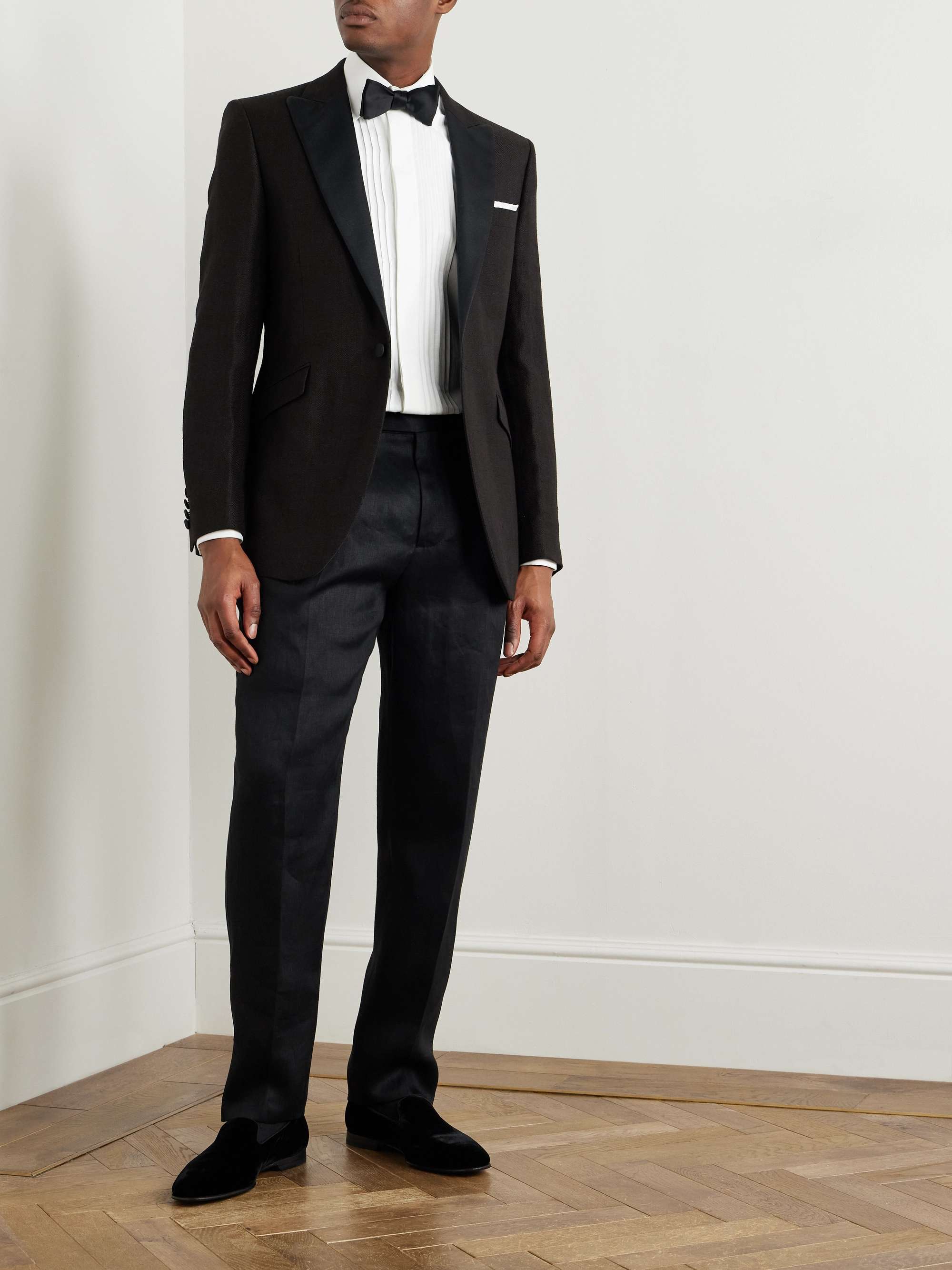 Tapered Pleated Cotton and Silk-Blend Satin-Trimmed Linen Tuxedo Trousers view
