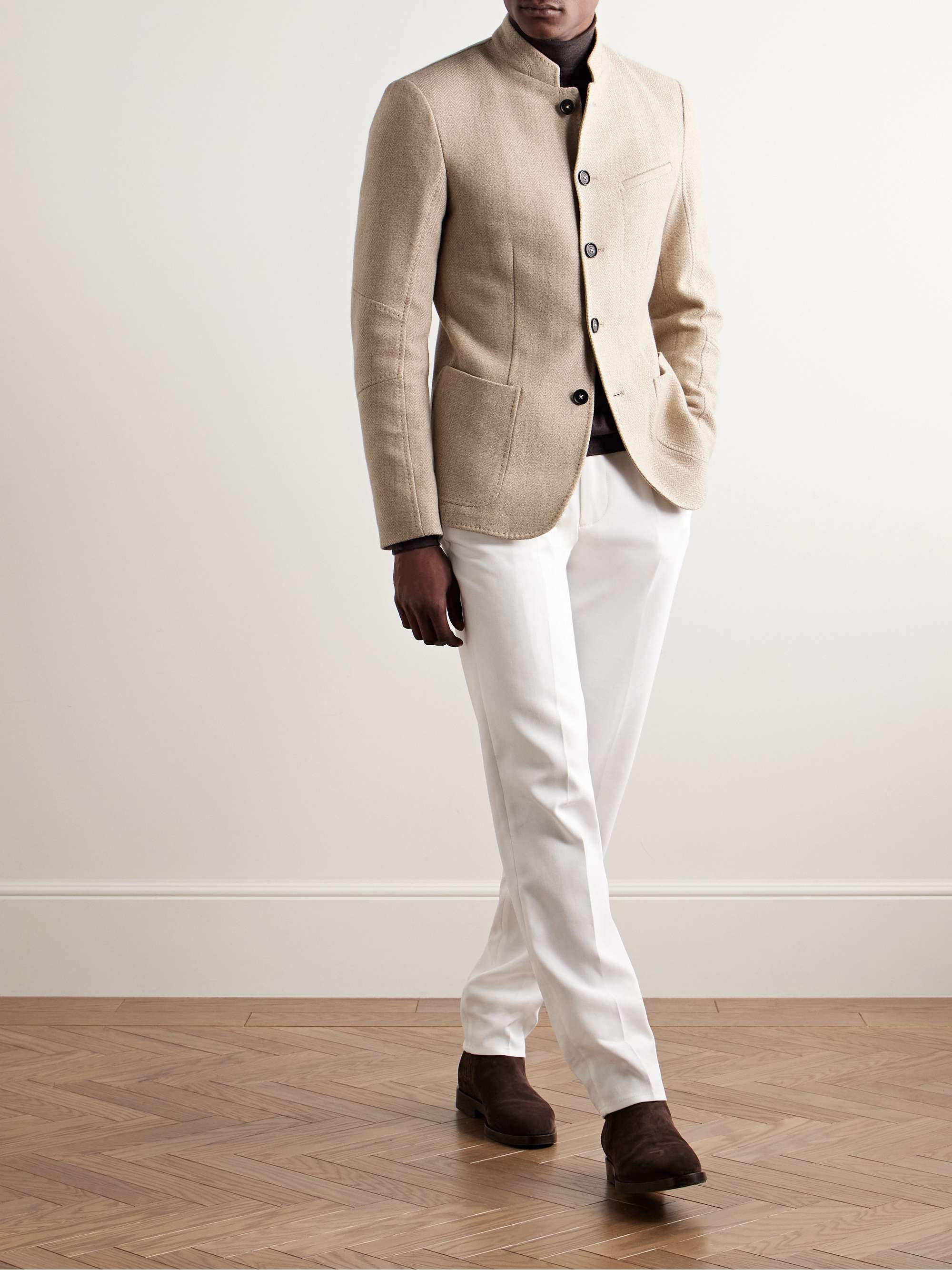 Gstaad Slim-Fit Nehru-Collar Herringbone Wool Jacket view