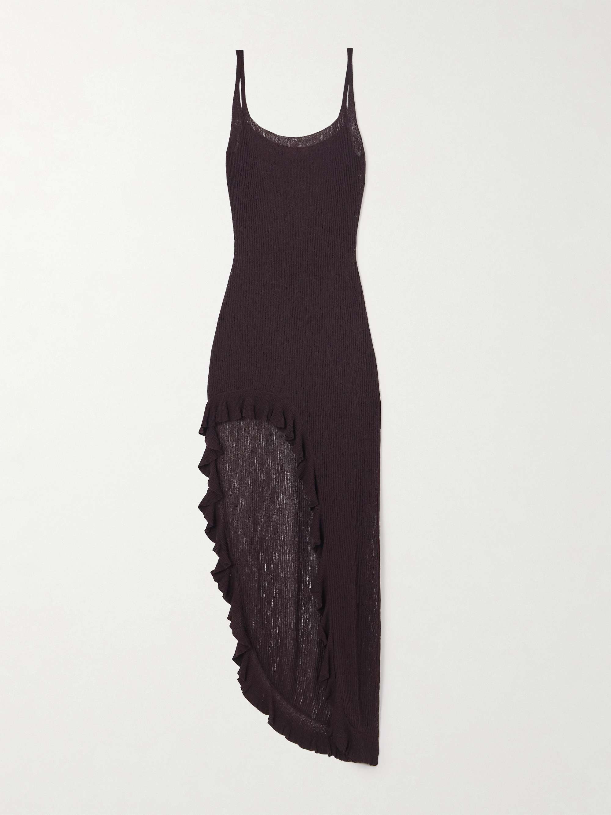 Isla Bonita asymmetric ruffled ribbed-knit maxi dress hero visual