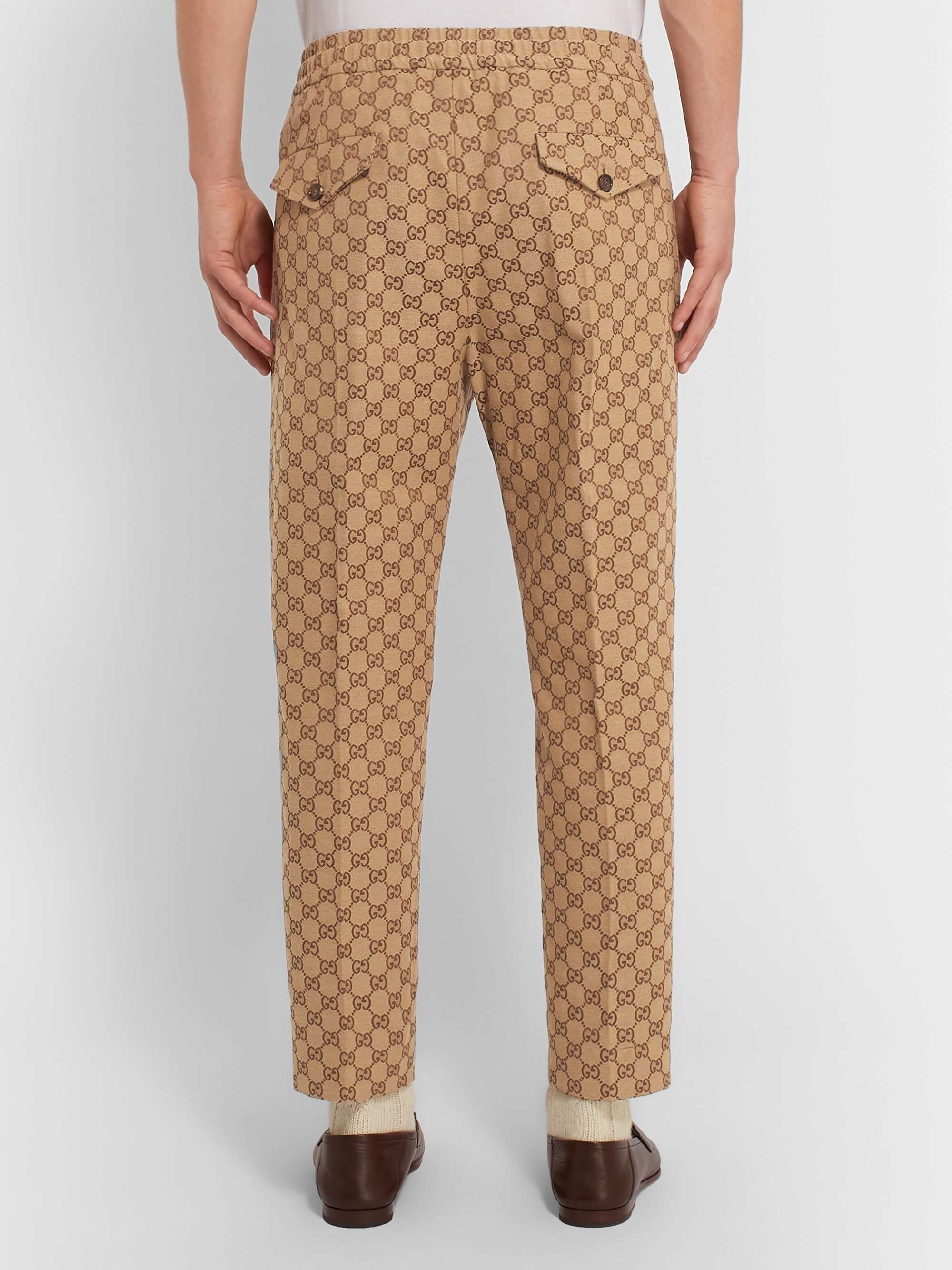 Beige Tapered Cropped Logo-Jacquard Cotton-Blend Suit Trousers view