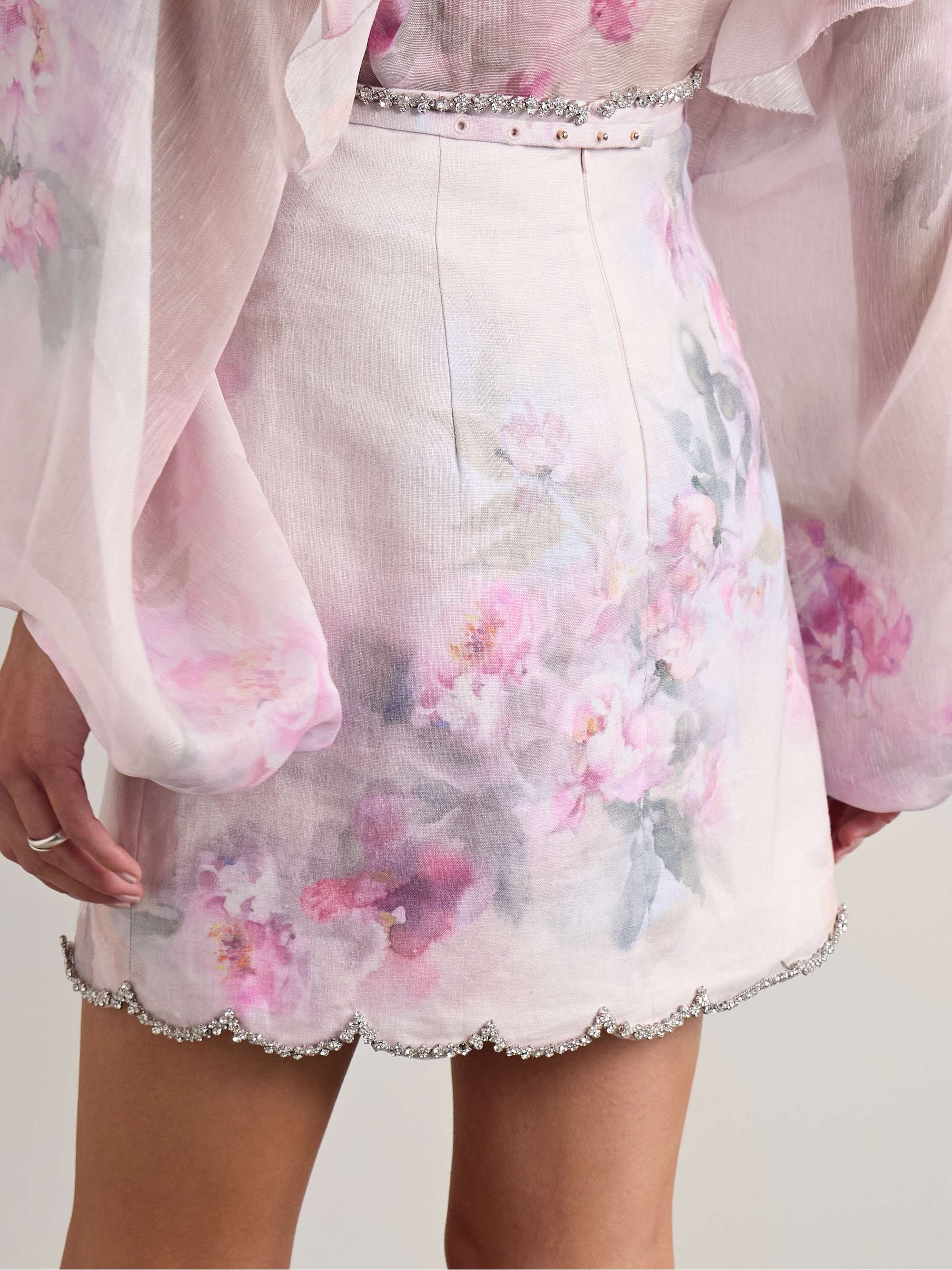Crush crystal-embellished floral-print linen mini skirt view