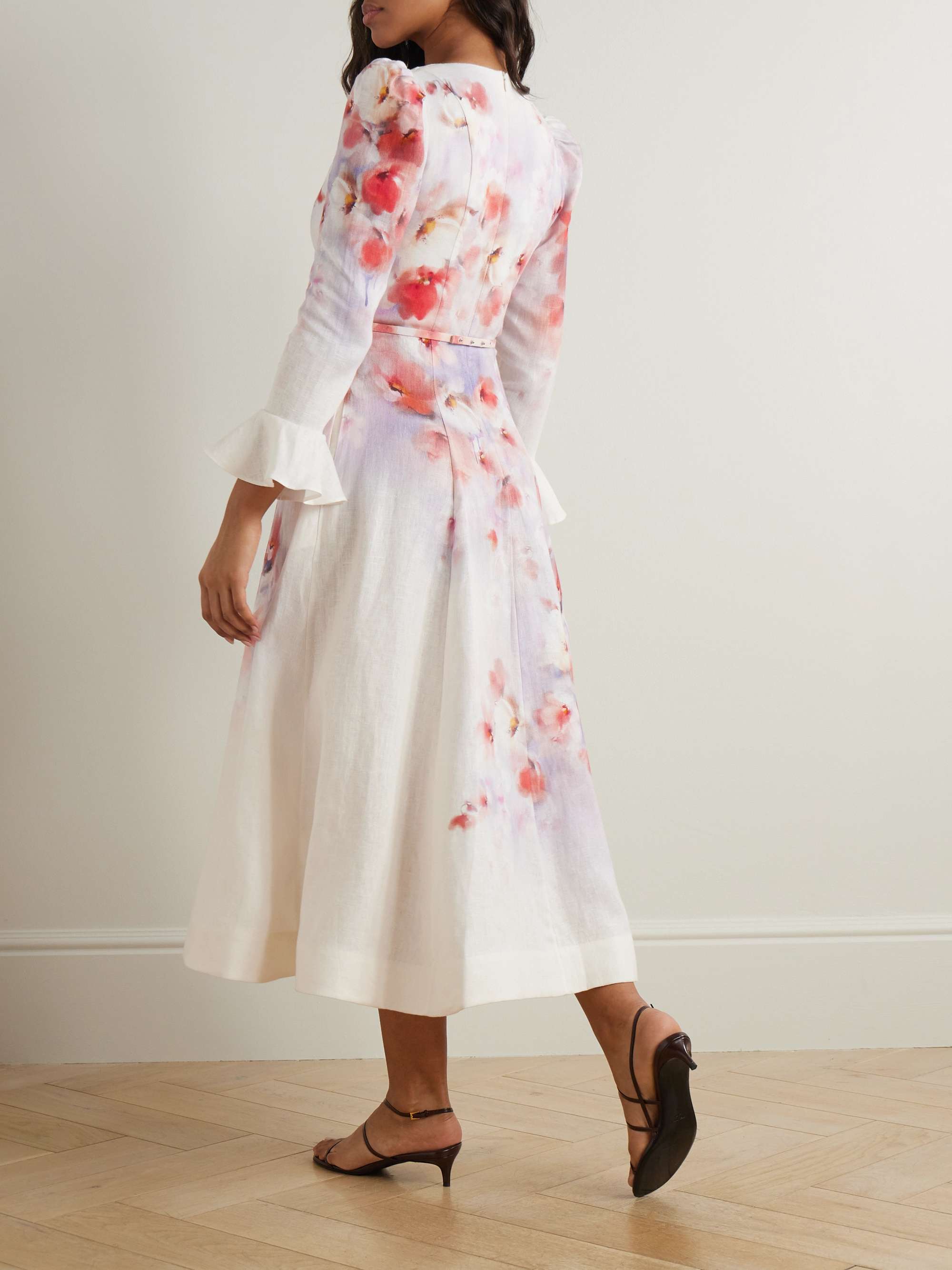 Crush belted floral-print linen midi dress view