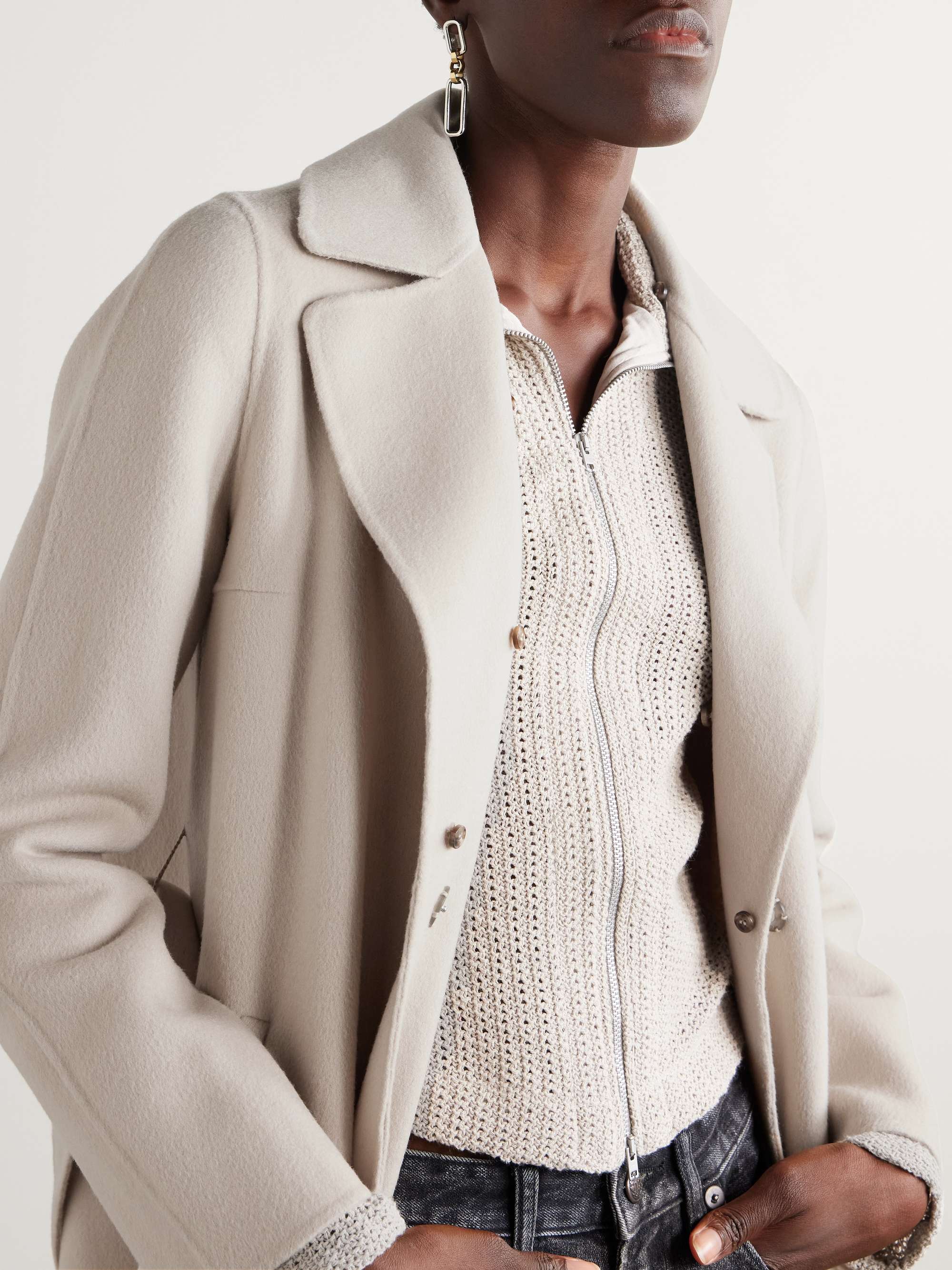 Belted shearling-trimmed wool and cashmere-blend coat view