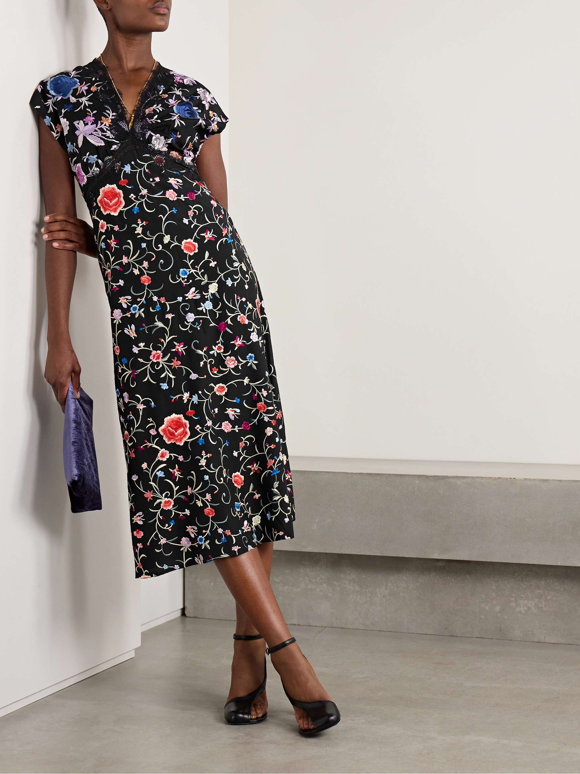 Priscilla lace-trimmed embroidered crepe midi dress view